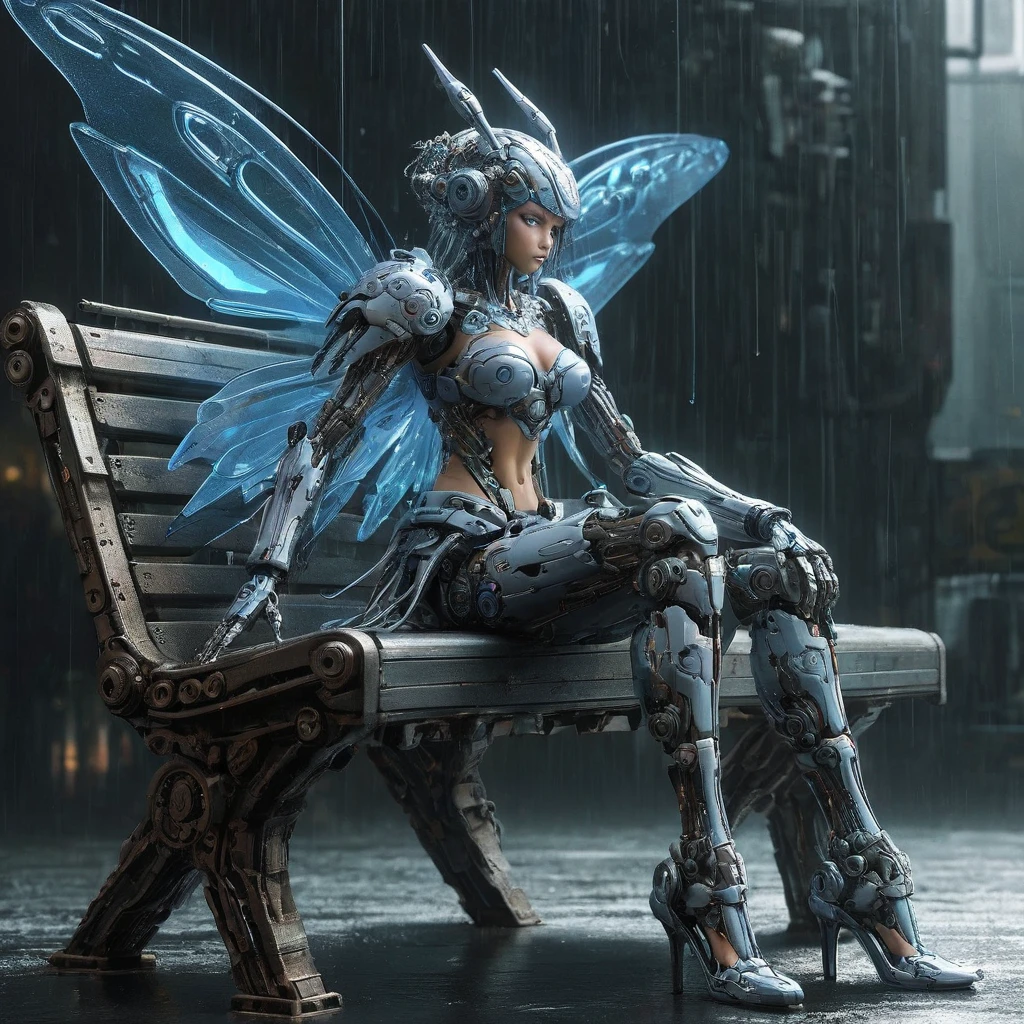 High Resolution, High Quality, Masterpiece. Cybernetic water fairy with vast eyes, seated on a bench expressing sadness amidst a backdrop of discarded cybermechanisms, her inhuman fur reminiscent of a plush rabbit toy, reflective raindrops amplify the ambiance of abandonment, grunge-style reflecting sadness and careful detail, gear mecha, intricate complexity, rendered in Unreal engine, photorealistic, neon ambiance, abstract black oil aesthetics, detailed acrylic, 32k, hyperdetalization, high-resolution, 32k resolution, gear mecha aesthetic, detailed acrylic textures.