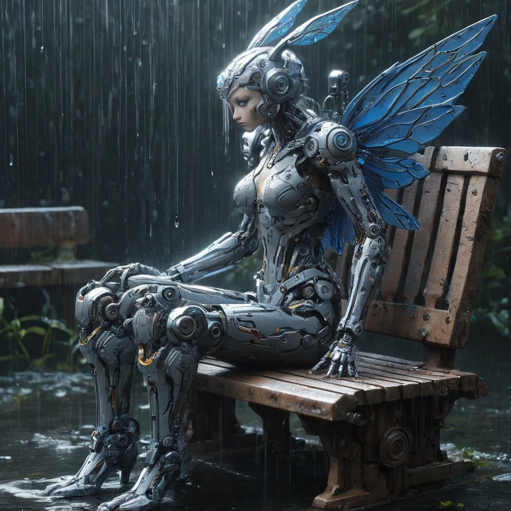 High Resolution, High Quality, Masterpiece. Cybernetic water fairy with vast eyes, seated on a bench expressing sadness amidst a backdrop of discarded cybermechanisms, her inhuman fur reminiscent of a plush rabbit toy, reflective raindrops amplify the ambiance of abandonment, grunge-style reflecting sadness and careful detail, gear mecha, intricate complexity, rendered in Unreal engine, photorealistic, neon ambiance, abstract black oil aesthetics, detailed acrylic, 32k, hyperdetalization, high-resolution, 32k resolution, gear mecha aesthetic, detailed acrylic textures.