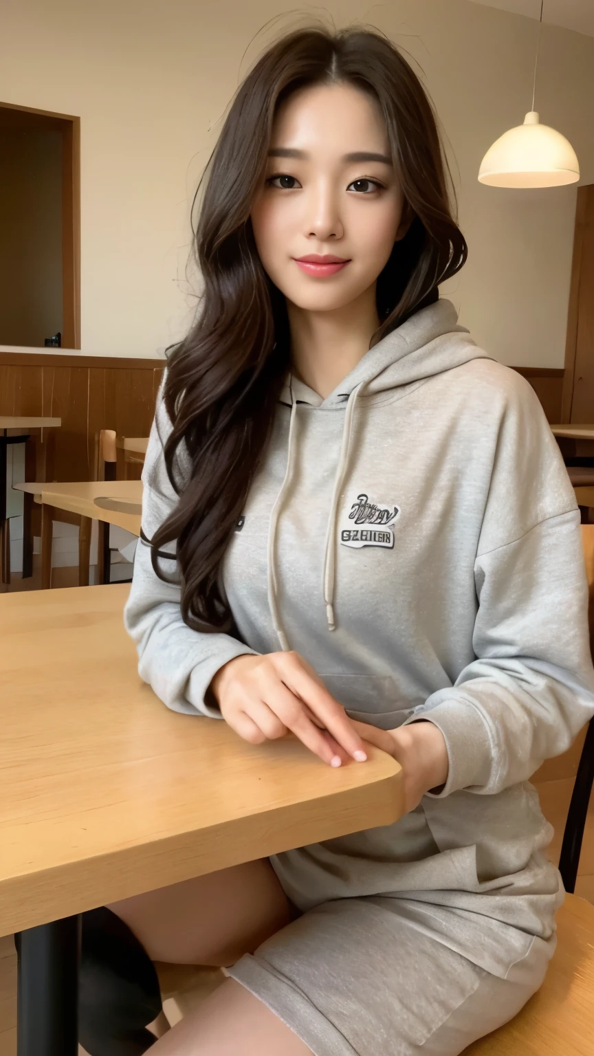 ((top-quality、8k、masterpiece:1.3))、Beautiful woman with perfect body:1.4、slim abdomen:1.2、Longhair, normal breast, Highly detailed facial and skin texture, A detailed eye, delicate eyes, double eyelid, (smile), (full body shot), ((restaurant 1.2)), (sitting on chair), ((wearing hoodie)), looking in front, (food on table)