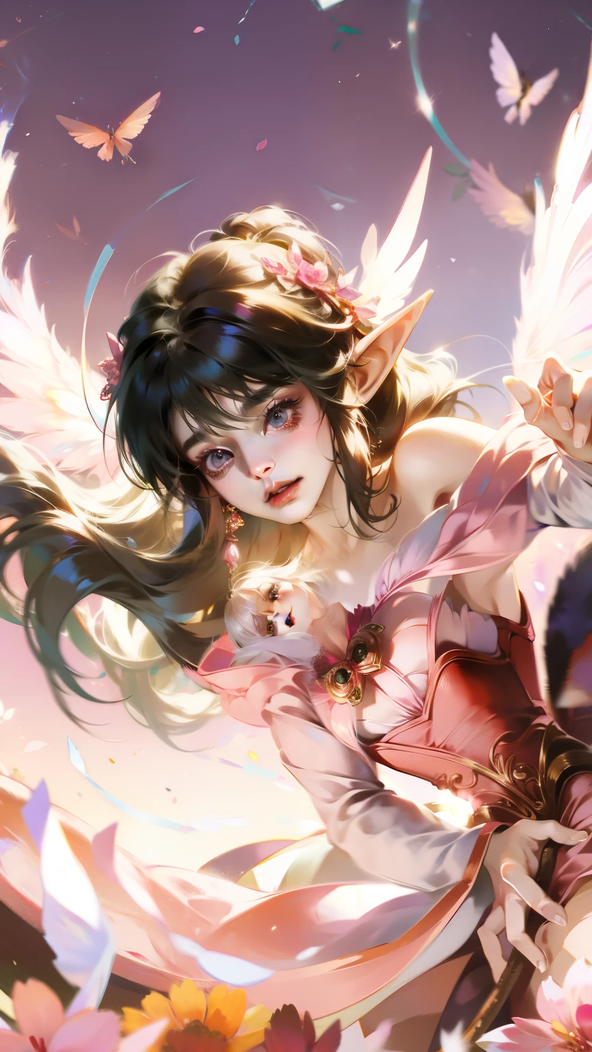 Wear pink and black clothes、Anime girl with wings and pink background, Elf character, Fairy, forest Fairy, Flower Fairy, brunette elf with Fairy wings, Elf, Cute 3D anime girl rendering, April rendering, Fairy dance, Dynamic sense
