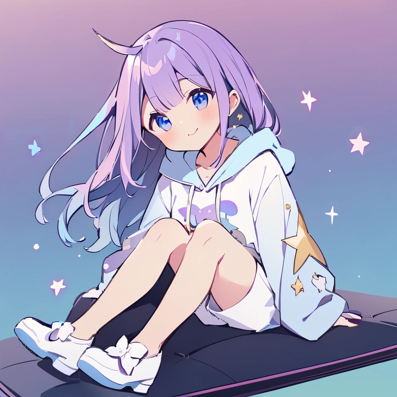 unicorn girl、white and pink and purple、pastel colour、dreamのような、fluffy、small star、colorful hair、white and pink and purpleの髪、wavy hair、thin hair、light blue eyes、star mark under the eye、Sparkling、fine decoration、oversized hoodie、dream、unicorn、POP background、gradient background、dreamかわ、piece、whole body、cute shoes、white shorts、Sit cool、cute smile、unicorn、horn on forehead