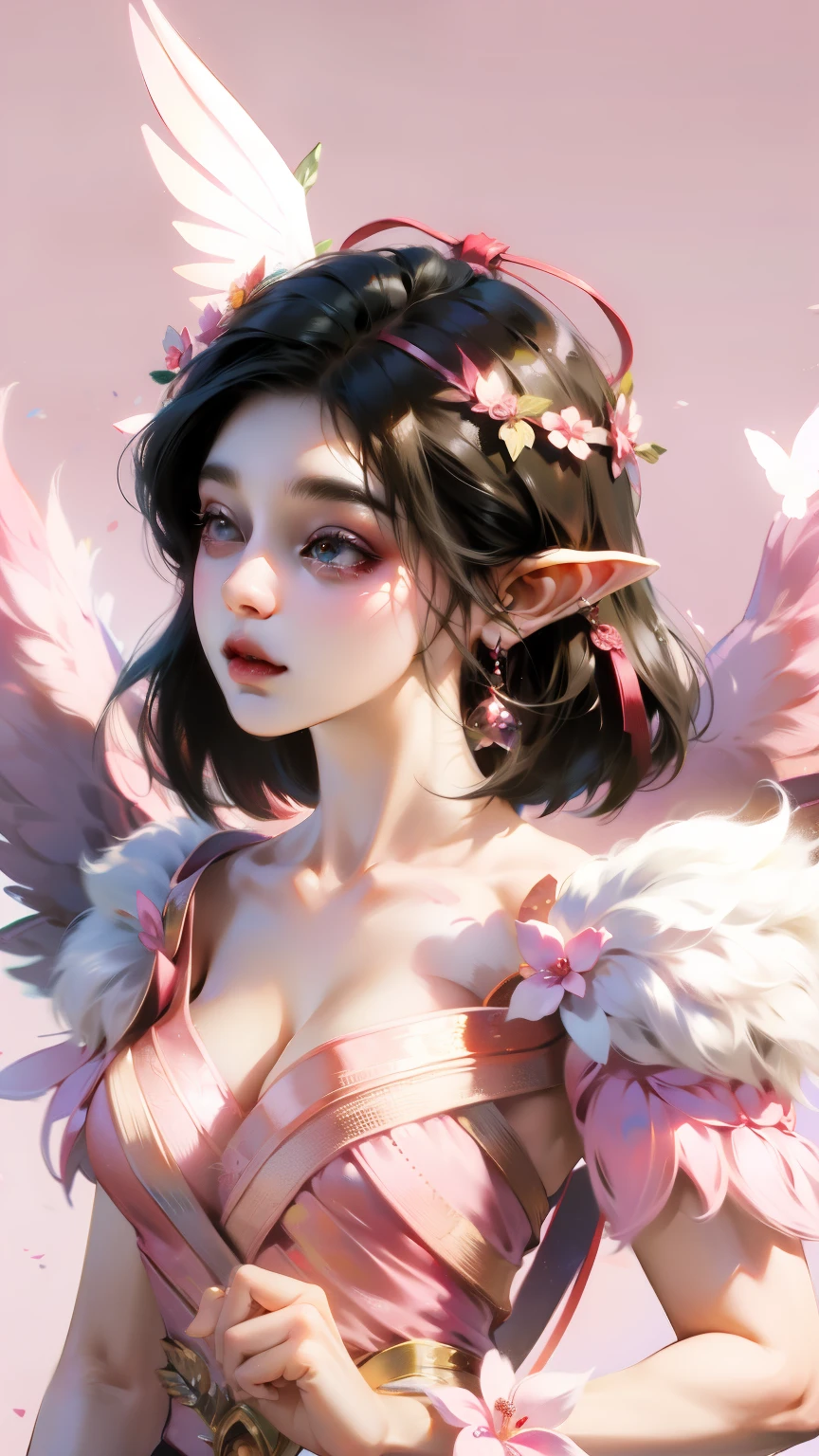 Wear pink and black clothes、Anime girl with wings and pink background, Elf character, Fairy, forest Fairy, Flower Fairy, brunette elf with Fairy wings, Elf, Cute 3D anime girl rendering, April rendering, Fairy dance, Dynamic sense