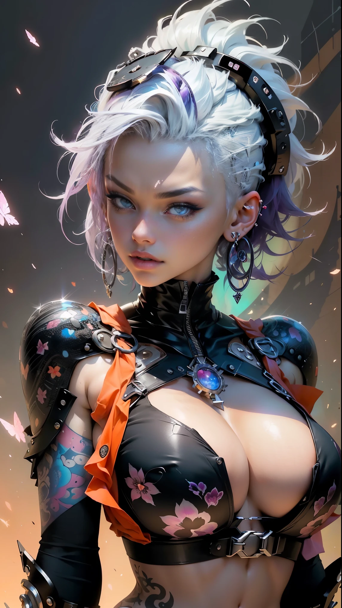 (masterpiece, top quality, best quality, official art, beautiful, cosmic, atmospheric, psychedelic, dreamlike and aesthetic:1.2), (1girl, platinum white punk rock mohawk hair, tons of tattoos and piercings, accentuated super huge enormously gigantic tits, cleavage showing, full body portrait), extreme detailed,(fractal art:1.3),colorful,highest detailed, cherry blossoms and butterflies blowing in the wind