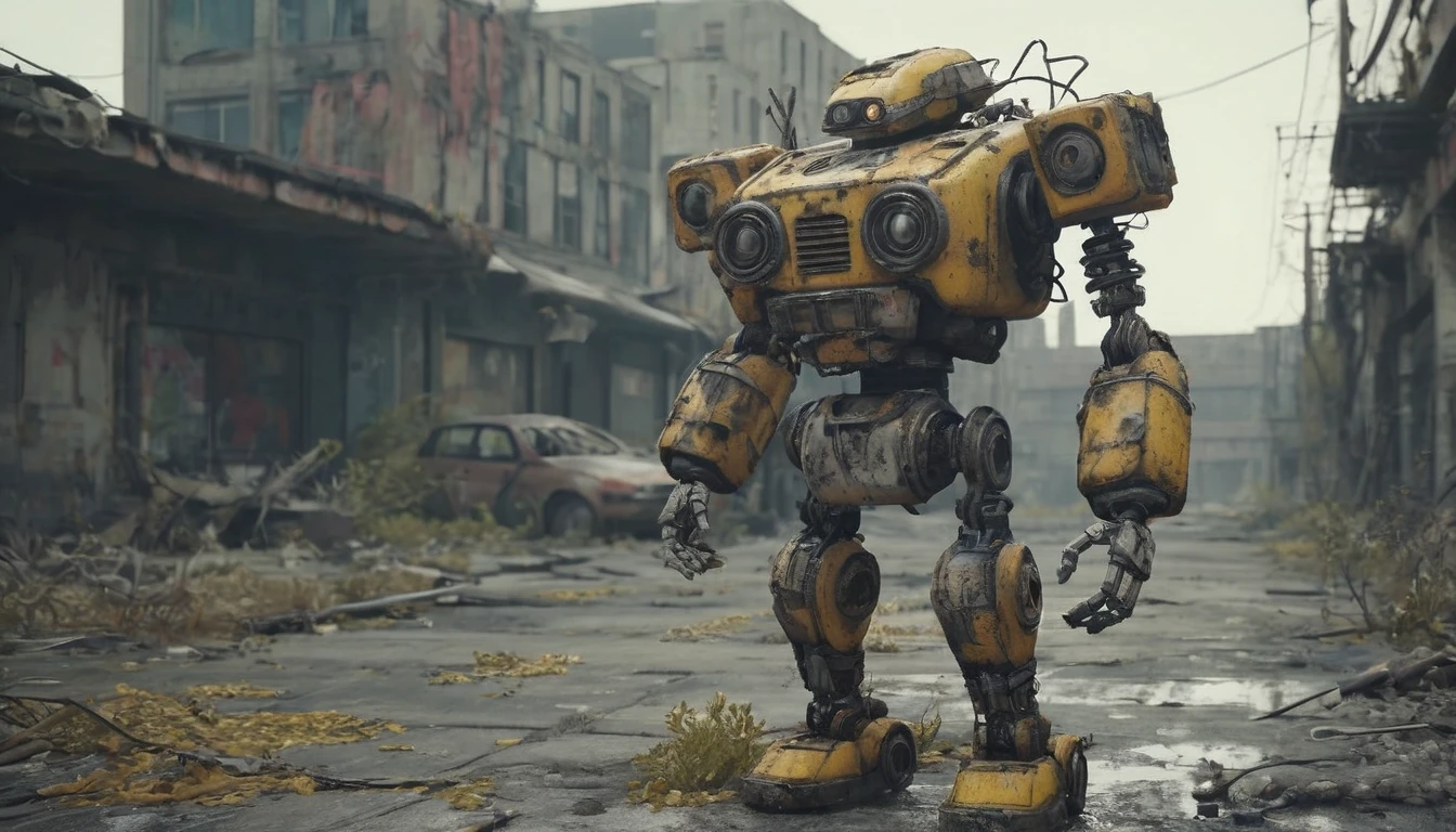 An abandoned robot(:2.2), (best quality, 4k, 8k, high resolution, masterpiece: 1.2), ultra-detailed (realistic, photorealistic, photorealistic: 1.37) with rusty metal textures, broken joints and faded paint. The robot remains standing. In an overgrown and decaying city, surrounded by ruined buildings and tangled vines. Sunlight filters through the hazy atmosphere, casting a soft, diffuse light on the scene. The colors are muted and desaturated, with a post-apocalyptic color tone. The covered ground and cracked pavement add to the desolate atmosphere. There are remnants of a once-thriving civilization, such as crumbling billboards and abandoned vehicles. The abandoned robot appears worn and aged, its exposed wires and gears indicating its abandonment. "The scene evokes a sense of mystery and nostalgia, as if a once-great machine has been left broken in a forgotten world."