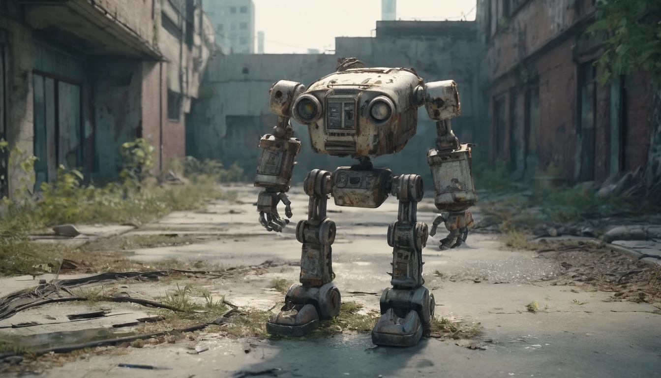 An abandoned robot(:2.2), (best quality, 4k, 8k, high resolution, masterpiece: 1.2), ultra-detailed (realistic, photorealistic, photorealistic: 1.37) with rusty metal textures, broken joints and faded paint. The robot remains standing. In an overgrown and decaying city, surrounded by ruined buildings and tangled vines. Sunlight filters through the hazy atmosphere, casting a soft, diffuse light on the scene. The colors are muted and desaturated, with a post-apocalyptic color tone. The covered ground and cracked pavement add to the desolate atmosphere. There are remnants of a once-thriving civilization, such as crumbling billboards and abandoned vehicles. The abandoned robot appears worn and aged, its exposed wires and gears indicating its abandonment. "The scene evokes a sense of mystery and nostalgia, as if a once-great machine has been left broken in a forgotten world."
