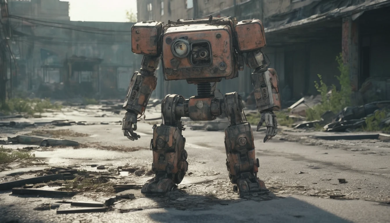 An abandoned robot(:2.2), (best quality, 4k, 8k, high resolution, masterpiece: 1.2), ultra-detailed (realistic, photorealistic, photorealistic: 1.37) with rusty metal textures, broken joints and faded paint. The robot remains standing. In an overgrown and decaying city, surrounded by ruined buildings and tangled vines. Sunlight filters through the hazy atmosphere, casting a soft, diffuse light on the scene. The colors are muted and desaturated, with a post-apocalyptic color tone. The covered ground and cracked pavement add to the desolate atmosphere. There are remnants of a once-thriving civilization, such as crumbling billboards and abandoned vehicles. The abandoned robot appears worn and aged, its exposed wires and gears indicating its abandonment. "The scene evokes a sense of mystery and nostalgia, as if a once-great machine has been left broken in a forgotten world."