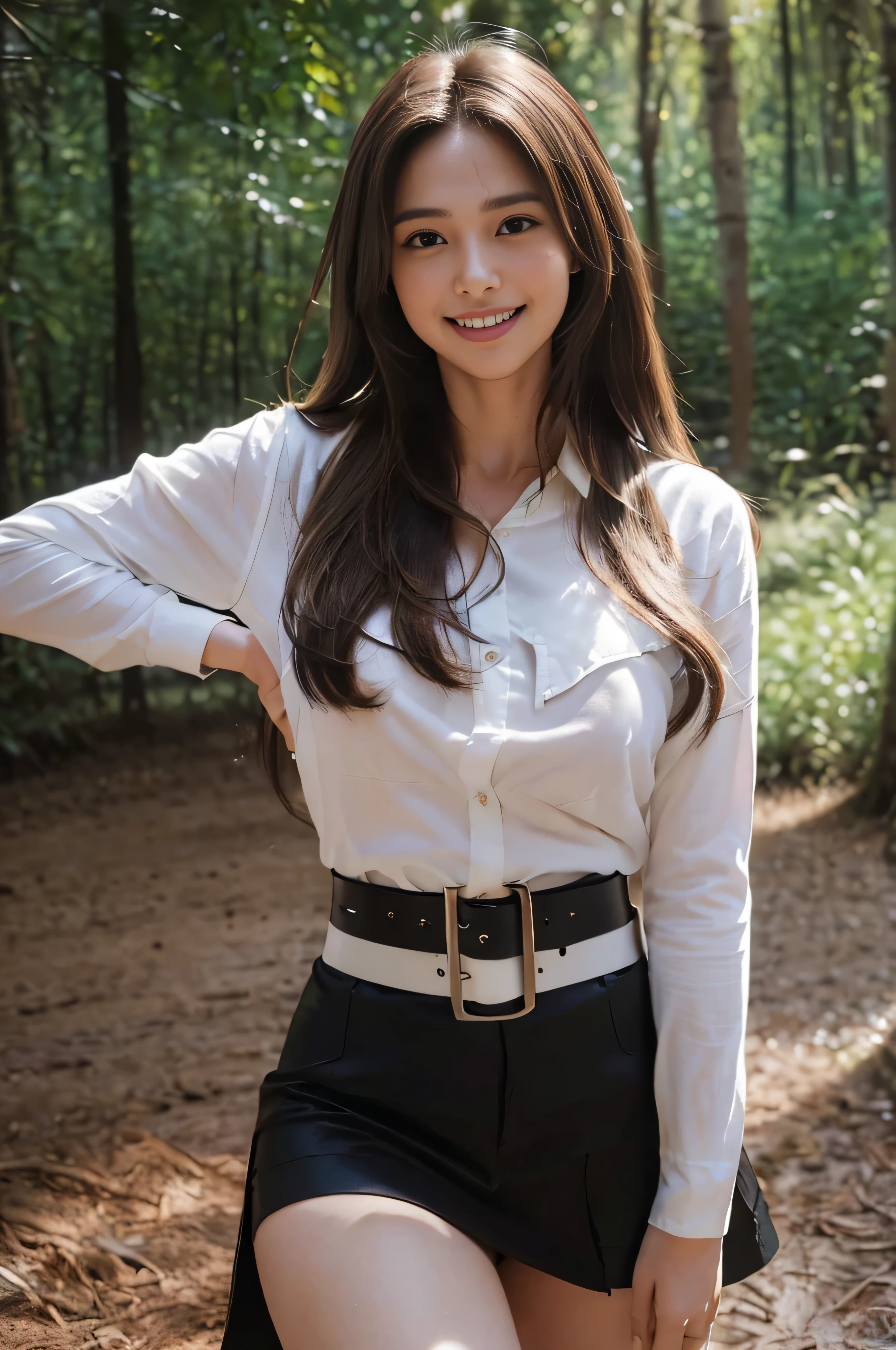 ((Beautiful girl from Japan:1.3))((pantyshot:1.5))((in woods:1.4)),((((White shirt、a belt、a black skirt:1.3)),)), ((Thin_textile:1.4)) ((Random sexy poses:1.3)) ((full of sweat:1.5))((Blushing face:1.4)) ((Large breasts same as:1.1)) ((close-up:1.2)) Best Quality,masutepiece,超A high resolution,(Photorealistic:1.4),Raw foto,(Authentic skin texture:1.3),(Film grain:1.3),the panorama,Character Portrait,Very Wide Shot,big breasts thin waist,Cowboy Shots,(Darkin, deepshadow, lowkey, cold light,) natta,(()),Streaming Tears,,Dust,Tindall Effect,(expressions),1girl in,beautiful detailed eyes and face,White Jabot,Brown eyes,((Brown-colored super long hair:1.4)) ((FULL BODYSHOT:1.5)) ((Smile:1.3)),(((Nice)))