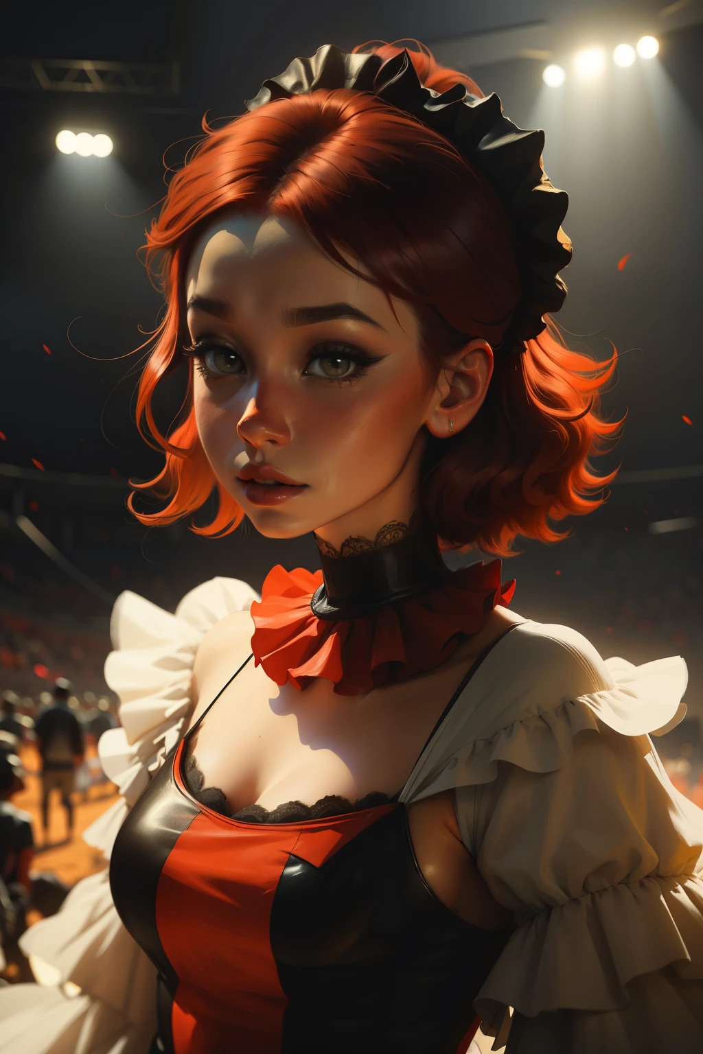 Foto profissional de A (mulher holandesa:1.1), She is wearing a clown costume and has very short red hair., pele detalhada, olhos detalhados, detailed clown makeup, dentro da Arena de Circo Empoeirada, volumetric fog, Volumetric dusts, foto feita com Canon EOS em fotografia de estilo natural, Popular No ArtStation, Popular no DeviantArt, Popular no Flicker