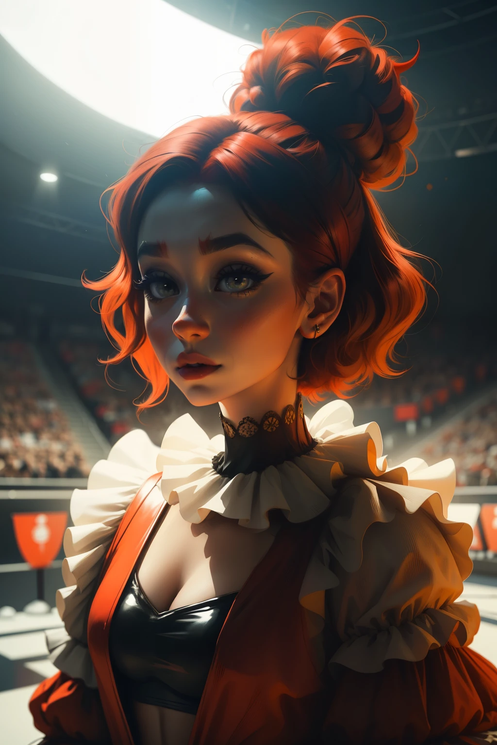 Foto profissional de A (mulher holandesa:1.1), She is wearing a clown costume and has very short red hair., pele detalhada, olhos detalhados, detailed clown makeup, dentro da Arena de Circo Empoeirada, volumetric fog, Volumetric dusts, foto feita com Canon EOS em fotografia de estilo natural, Popular No ArtStation, Popular no DeviantArt, Popular no Flicker