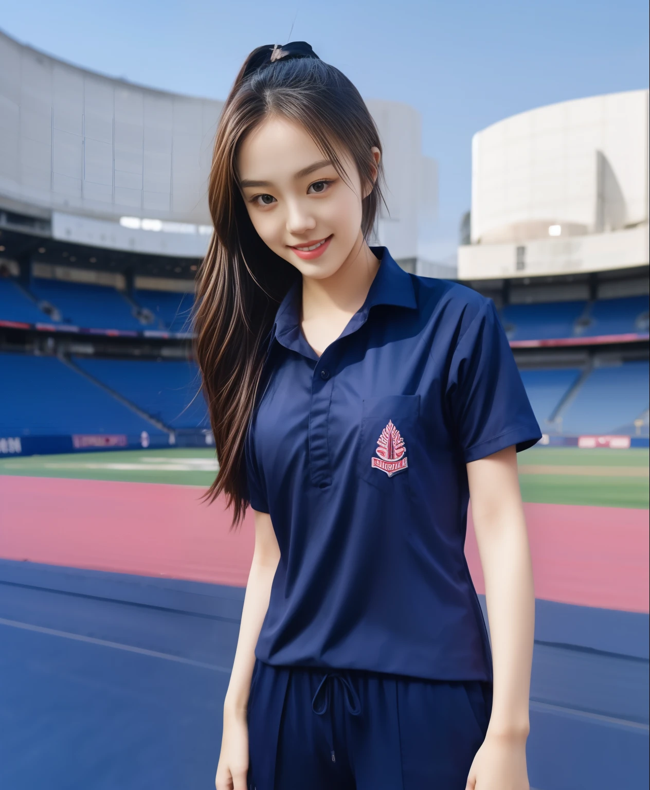 (best quality,10,10,height,Masterpiece:1.2),Special details,(realistic,ภาพrealistic,Realistic photos:1.37),1 cute girl on the football field,shiny, ผิวshiny,only,smile softly,BDclothelue shirt:1.3)),short sleeve,shirt, กางเกงขาlong.,(navy_long_track pants:1.1), ((stadium background:1.3)),Dynamic angle,excited,Face focus,dynamic poses,from behind,focus on ass,Masterpiece, best quality, ultra realistic, hyper-detail, 8K resolution, raw photos, Sharp focus, ((Navy blue shirt:1.1)), short sleeve, เส้นทางlong, perfect body, 2 mature women, 18 years old, Cinema-grade lighting system,blue sweatpants,shirtผ้าออกกำลังกาย,correct anatomy,perfect body, correct body, Sharp face, correct bodyทางกายวิภาค, full body, realistic gestures, long-haired, realistic poses,Wear long shorts................................,ช่วงขาlong,Good shape,carved girl, Slender figure, model, Good shape, beautiful body,blue sweatpants, two girls kissing