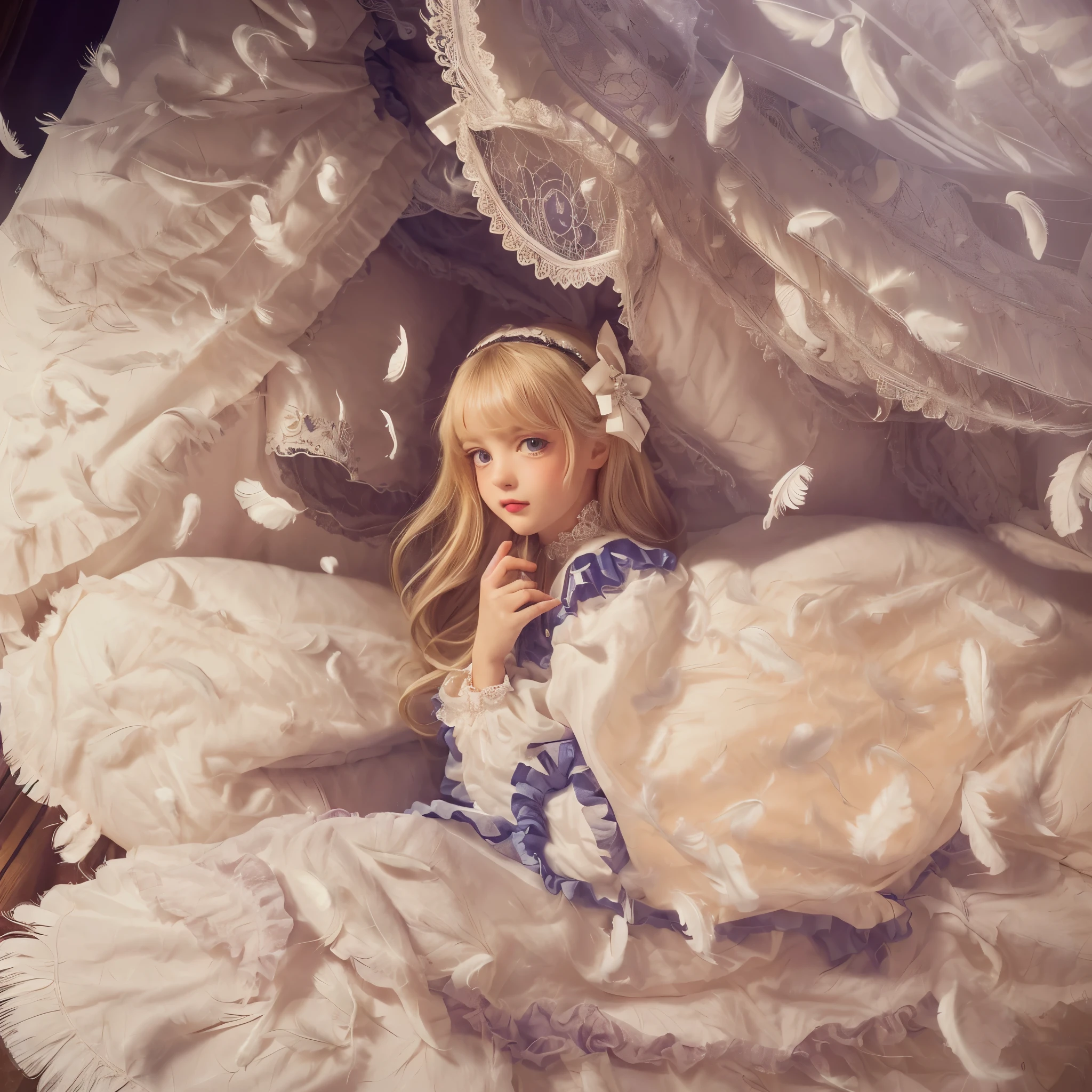 ,highest quality, masterpiece, highest resolution, artwork, super それにget used to it, many get used to it, get used to it, それにget used to it, 3K anime illustration,(( girl)),Super detailed baby face,hty small face,long blonde hair that grows to the waist,blue eyes,白い肌のeuropean,pajamas, european,(((super long blonde hair))),curly hair,blue eyes,((((1920s style nightgowns))),((((白いロリータファッションのlong skirtのワンピースドレス)))),((White nightgown with lots of frills and ribbons)),((Luxurious headdress with frills and ribbons)),detailed headdress,,(((big yoke collar))),Yoke collar with ruffles and ribbons,((((long sleeve)))),ruffle sleeves,((((long skirt)))),white ruffle and lace socks,large frill and ribbon pillow,detailed costume,many frilly pillows on the bed,super detailed background,detailed bed,romantic atmosphere,soft ruffle pillow,Beautiful girl illustration,detailed beautiful face detailed hair,detailed human eye ,detailed mouth, arm details,fine hands,detailed soft pillow,wide bed,((((photo shoot in bed)))),luxury canopy bed,Dancing surrounded by many small white feathers)))),((((fine white feathers))))),After the angel flew away,,((((Many small white feathers dance)))),,