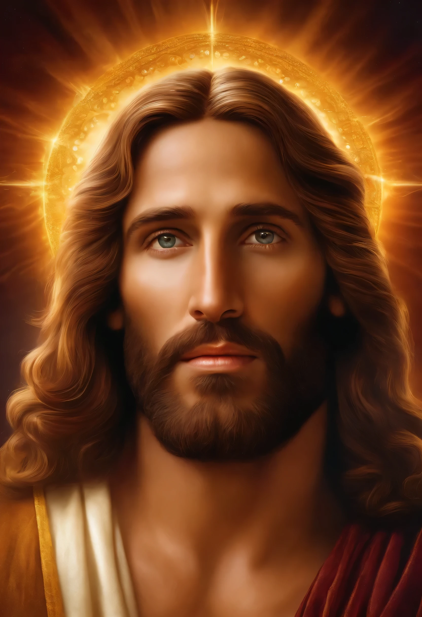 Face of Christ with mixture of the face of Christ from the film Jesus of Nazareth, rosto absurdamente igual a cristo, Christ with angelic and heavenly appearance, He's extremely handsome, com olhos profundos e encantadores. amber eyes, Cheio de ternura. cabelos cor de mel, celestial. "High-resolution 8k image of Jesus Christ, rosto extremamente bonito, Cristo belo e multidimensional, real appearance of Jesus Christ, sorrir, Jesus Cristo, cosmic and celestial background, Amazing and heavenly Jesus Christ, universo iridescente colorido, He's extremely handsome, com olhos profundos e encantadores. amber eyes, Cheio de ternura. cabelos cor de mel, traje celestial."