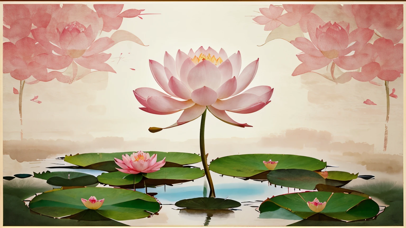 there is a painting of a pink flower with green leaves, chinese watercolor style, chinese painting style, pink lotus queen, with lotus flowers, chinese style painting, lotus, lotus pond, lotus flower, White background