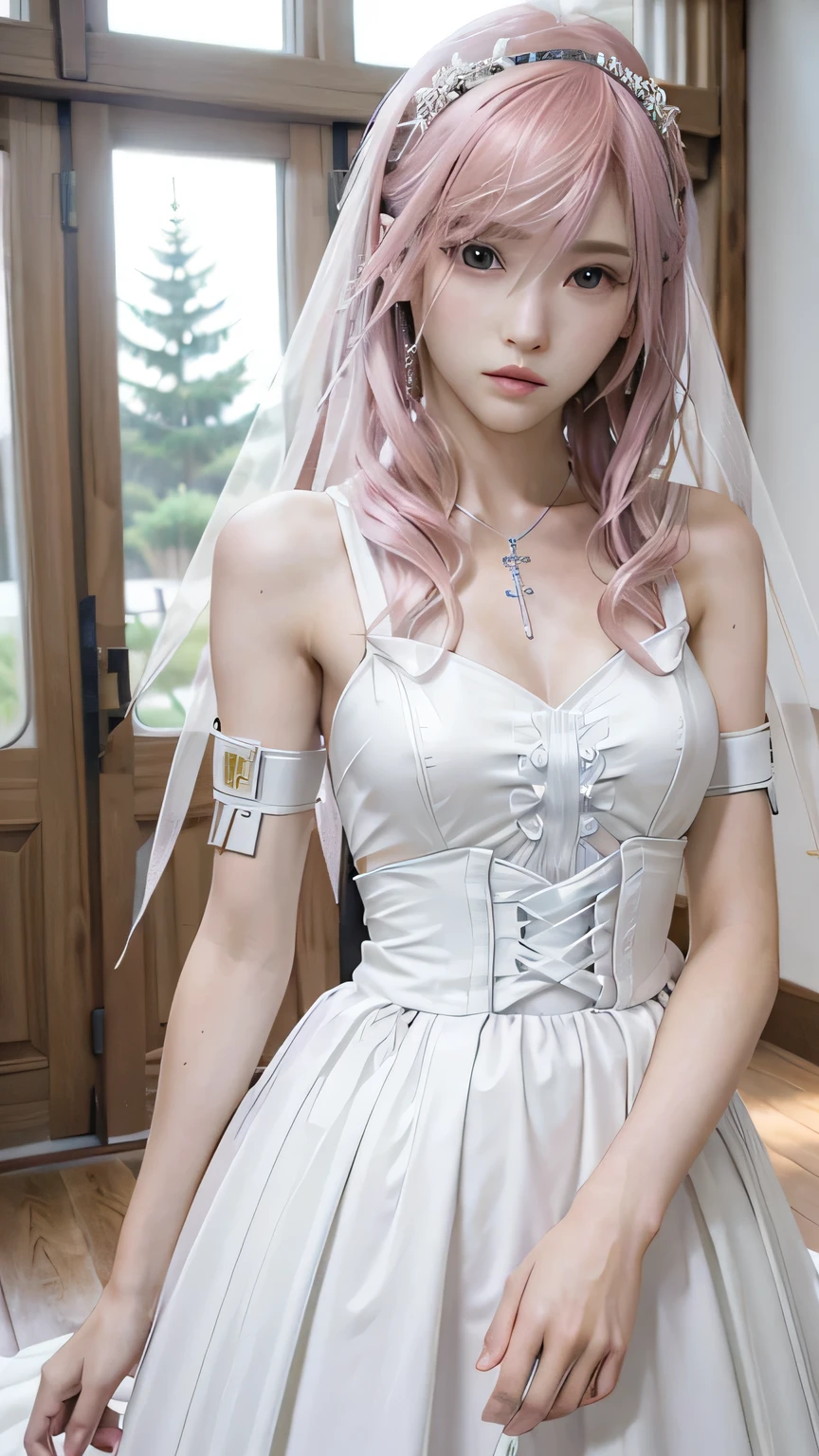 (masterpiece, highest quality:1.3)
1 girl, alone, long hair, pink hair、beautiful white wedding dress、whole body