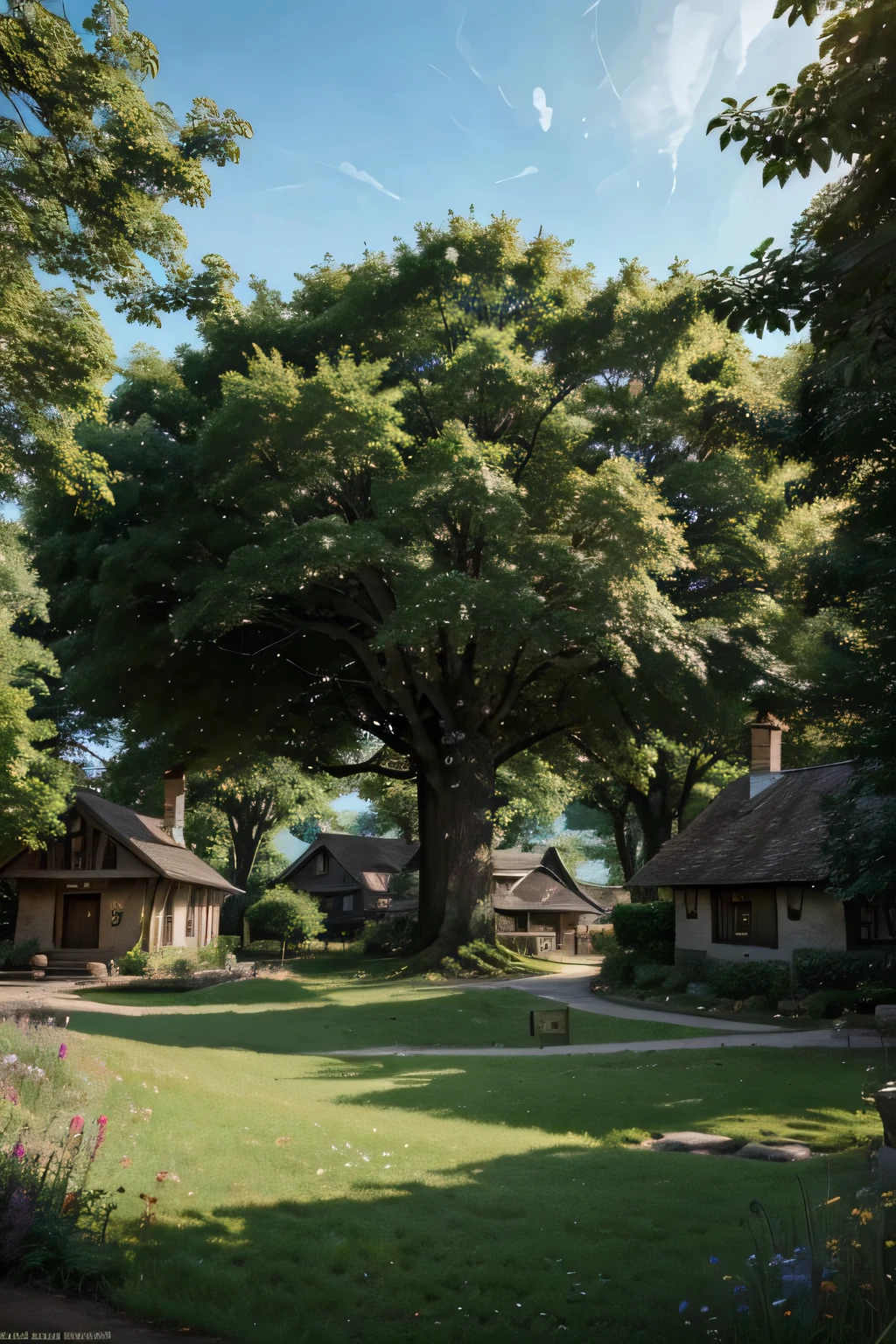 a real photo of house under the giant tree, a real photo of a small village with a big tree, tree town, town background, made of tree and fantasy valley, official art, distant village background, high detailed official artwork, character art of maple story, official artwork, the world tree, world tree, official concept art, anime countryside landscape, from bravely default ii, town center background