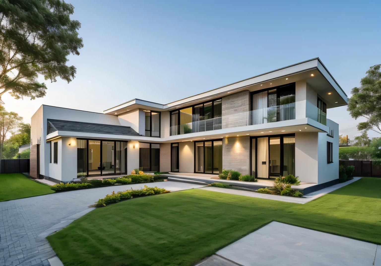 Realistic images, extremely detailed, a modern house, (((1 road in font of house))), large yard made by ceramic, (1 car), brick fence, lawn, a few small flowers, a road in front of the house, main materials of the house are white walls and red brick, Modern design, clear blue sky, sunrise light, light from inside, dynamic light,shimering light, cinematic light, romantic feeling, (((day light, warm sunlight))), summer