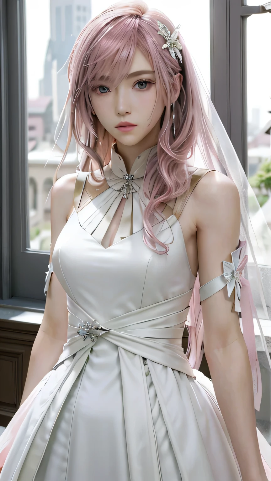 (masterpiece, highest quality:1.3)
1 girl, alone, long hair, pink hair、beautiful white wedding dress、whole body