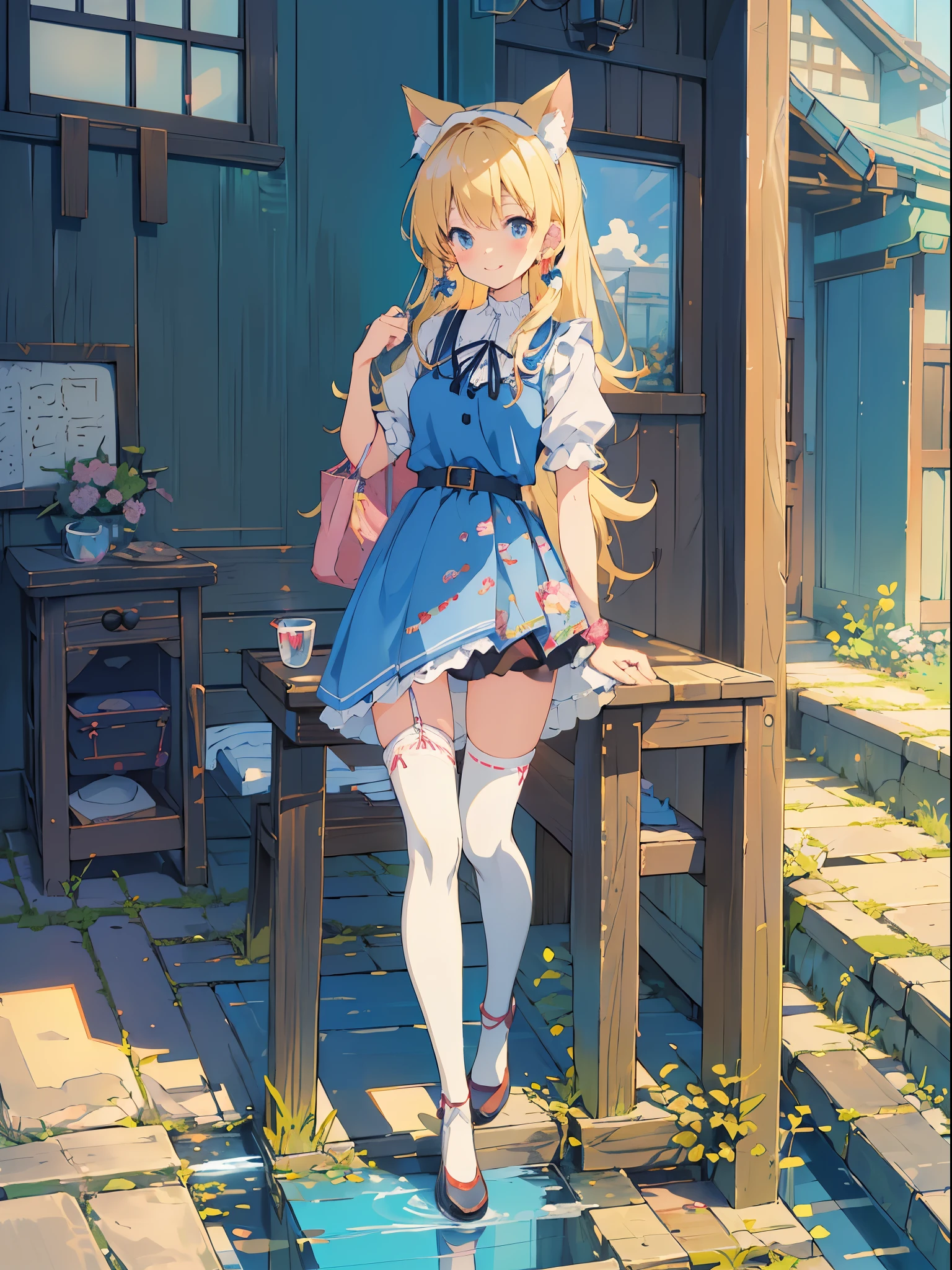 ((table top, highest quality: 1.2), ((Anime girl in blue dress with travel bag)), Anime cat girl wearing a maid costume,The season is spring , ((blonde))、long haired person、Very Beautiful Anime cat girl, アニメcat girl, ((white knee highs)), 魅力的なcat girl, Inspired by Leiko Ikemura, Aya Takano color style, in ryuuou no oshigoto art style, cat girl, Character you respect, rei hiroe、smile