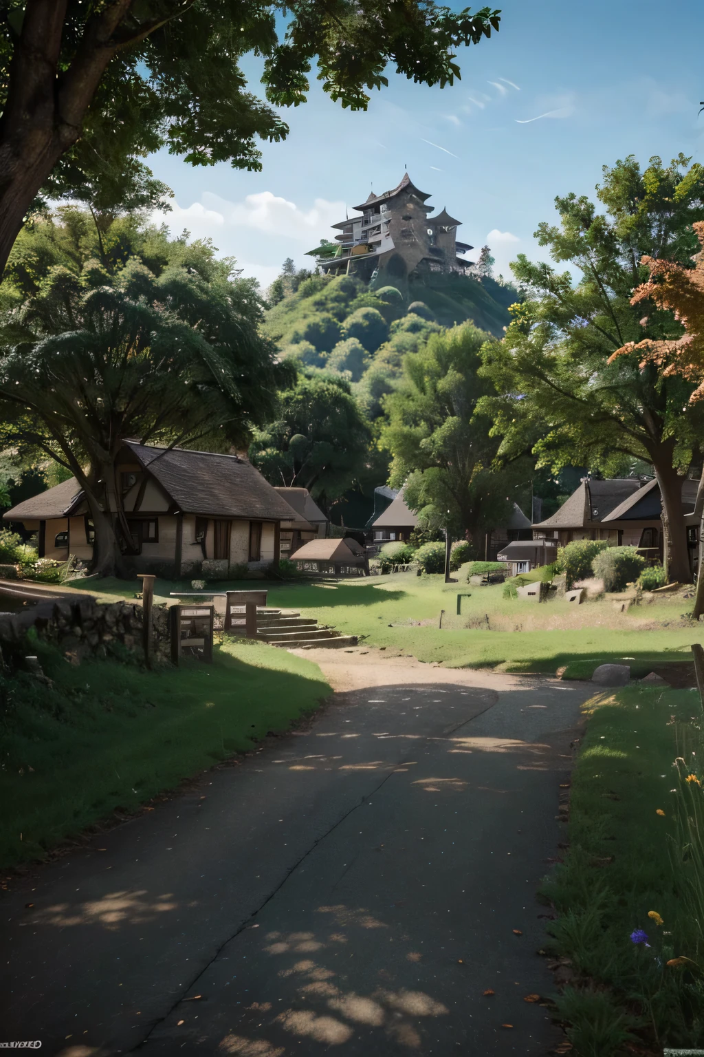 a real photo of house under the giant tree, a real photo of a small village with a big tree, tree town, town background, made of tree and fantasy valley, official art, distant village background, high detailed official artwork, character art of maple story, official artwork, the world tree, world tree, official concept art, anime countryside landscape, from bravely default ii, town center background