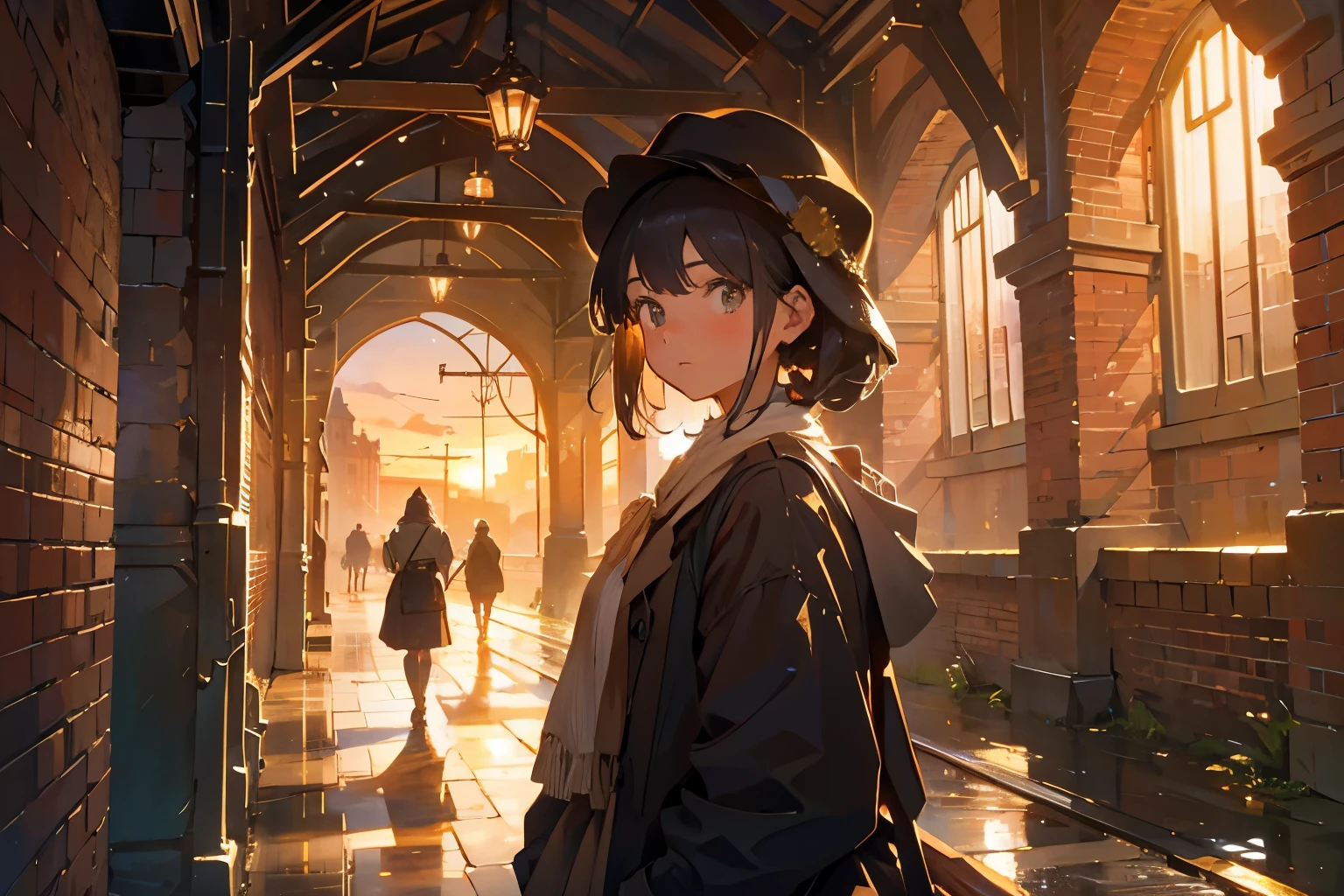 Generate a high-quality illustration featuring a beautiful girl watching the sunset in a brick-built station reminiscent of the Industrial Revolution-era Britain. Ensure that the overall composition exudes a sense of nostalgia and intricacy, with attention to detail capturing the warm hues of the nostalgic sunset and the architectural beauty of the brick station. Pay attention to the girl's attire and expression, as well as the subtle elements of the station's surroundings. Aim for a finely crafted artwork that transports viewers to the bygone era of the Industrial Revolution in Britain. best quality, masterpiece