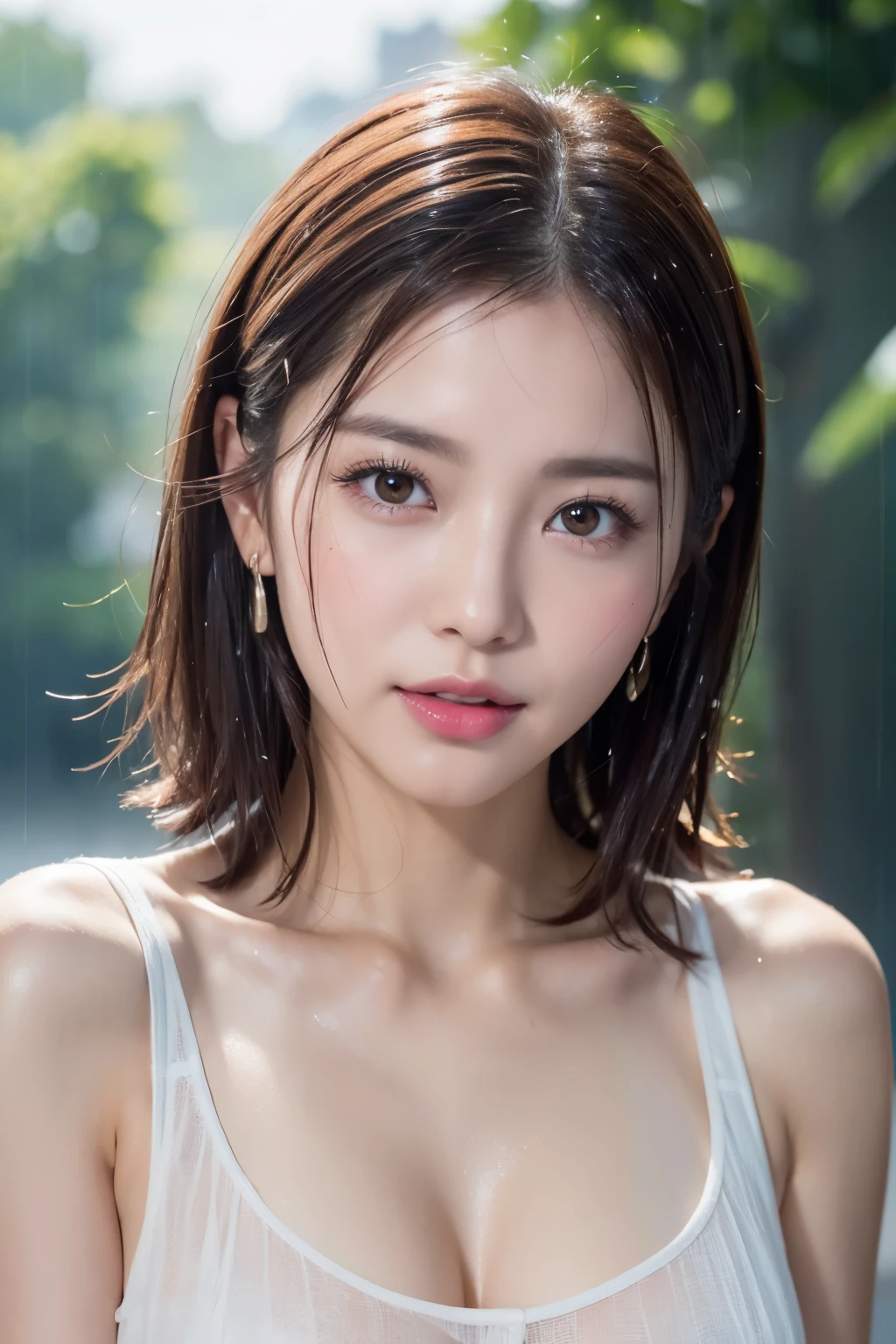 One Girl in the Rain、Blushing cheeks、gazing at viewer、Heavy rain、Big chest slip、A sheer party dress that adheres to the chest when wet.No umbrella、under the rain、Girl without an umbrella、Wet face,wetted skin、a wet body、wet costume、Wet hair、flower、hair pin、a necklace、Looking up from under the earrings、depth of fields、pointed red mouth、(short hair of reddish-brown color wet and shiny,,,,,,,),Red mouth,clavicle、Beautiful fingers、Hourglass body、portrait of a full body、Wet cute face、Digital Illustration, (Photorealsitic:1.3),(Raw photo.), (masutepiece,top-quality,Ultra-high resolution output image,) (The 8k quality,),(Image Mode Ultra HD,),(Image Mode Ultra HD)、
