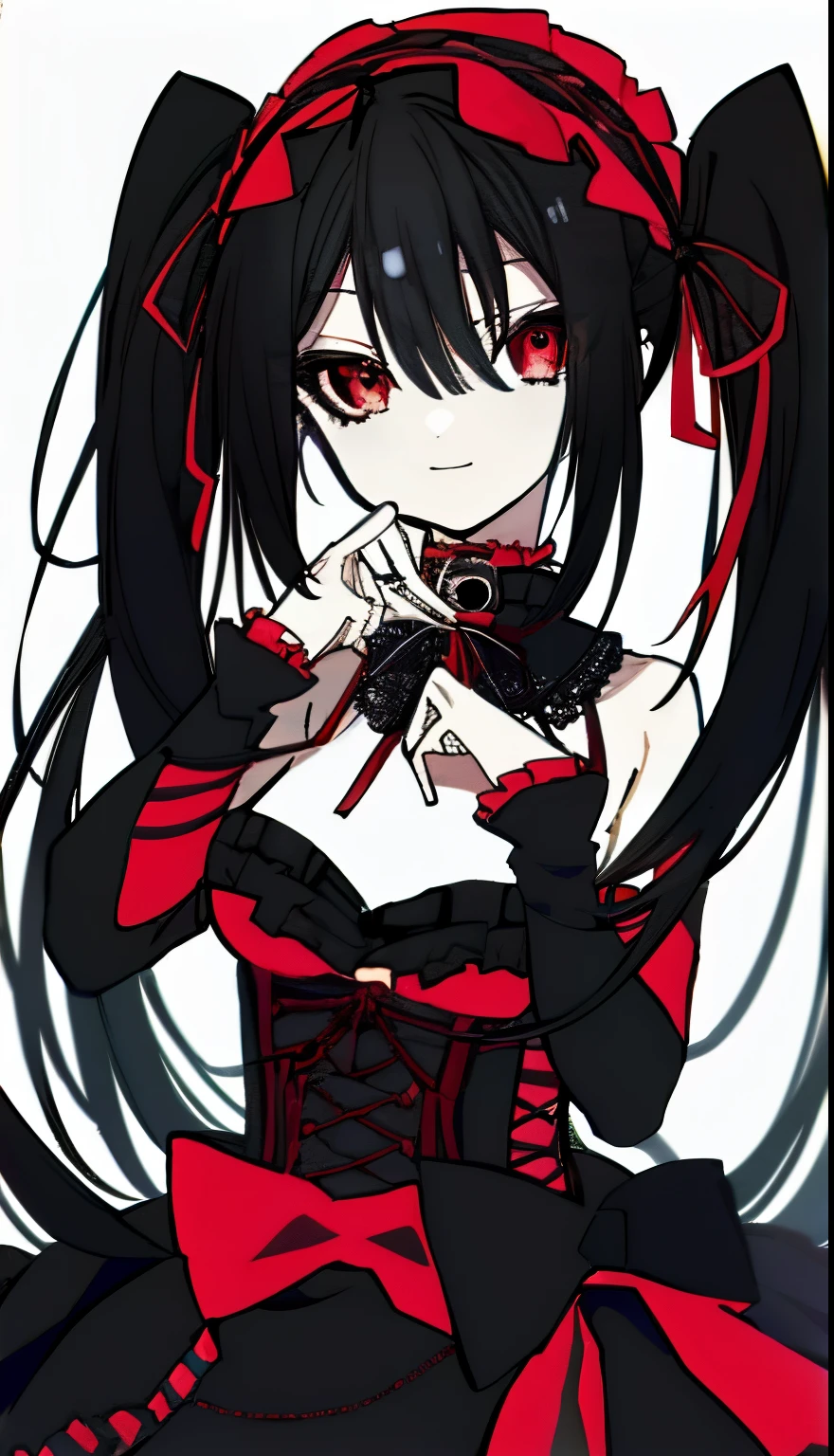 18 year old beautiful girl, masterpiece, top quality, 8K Animation, 1 girl, alone, detailed fingers, precise fingers, Hands that don&#39;t look unnatural, strange eyes, red eyes, split, black hair twin tails, Kurumi Tokizaki