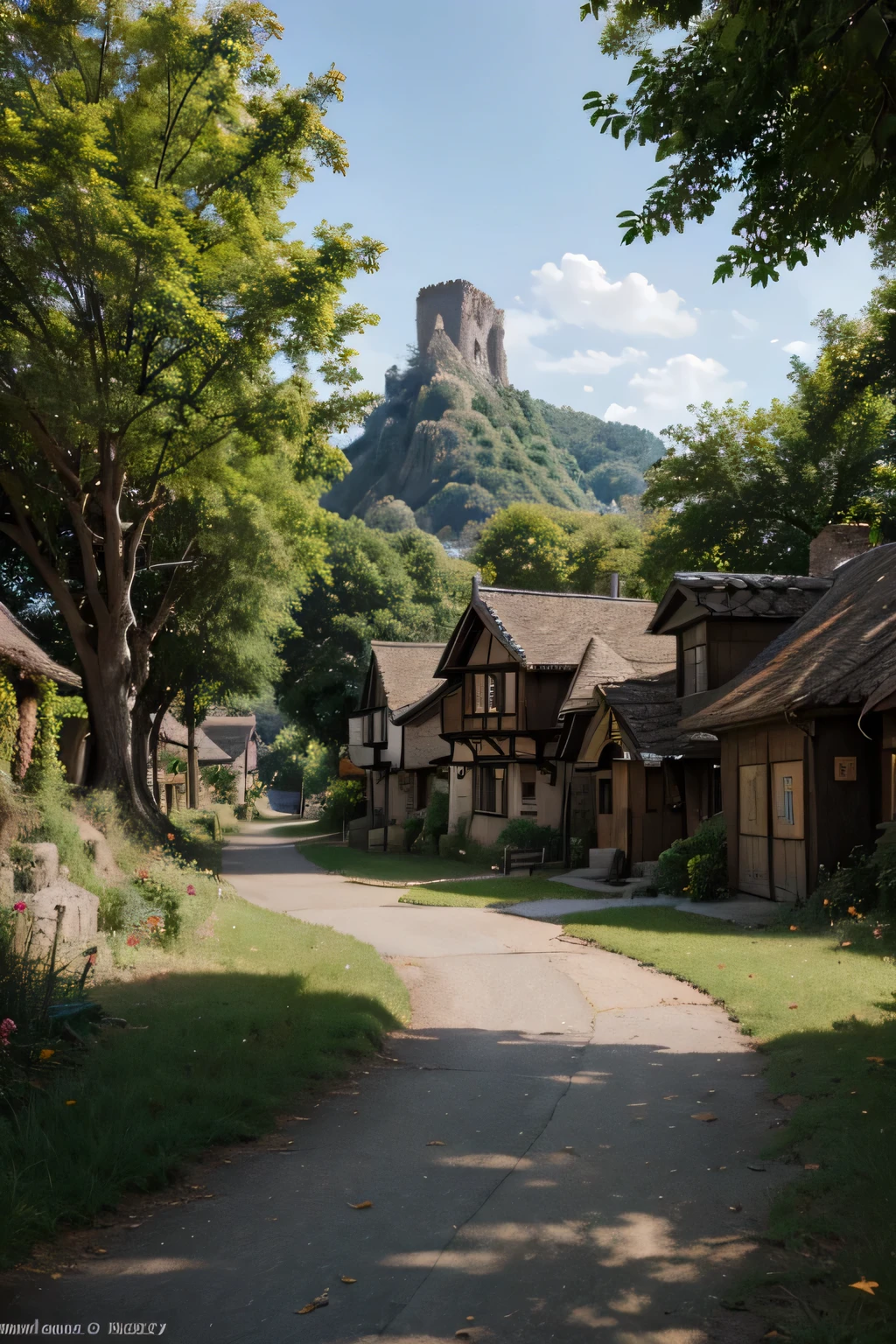 a real photo of house under the giant tree, a real photo of a small village with a big tree, tree town, town background, made of tree and fantasy valley, official art, distant village background, high detailed official artwork, character art of maple story, official artwork, the world tree, world tree, official concept art, anime countryside landscape, from bravely default ii, town center background