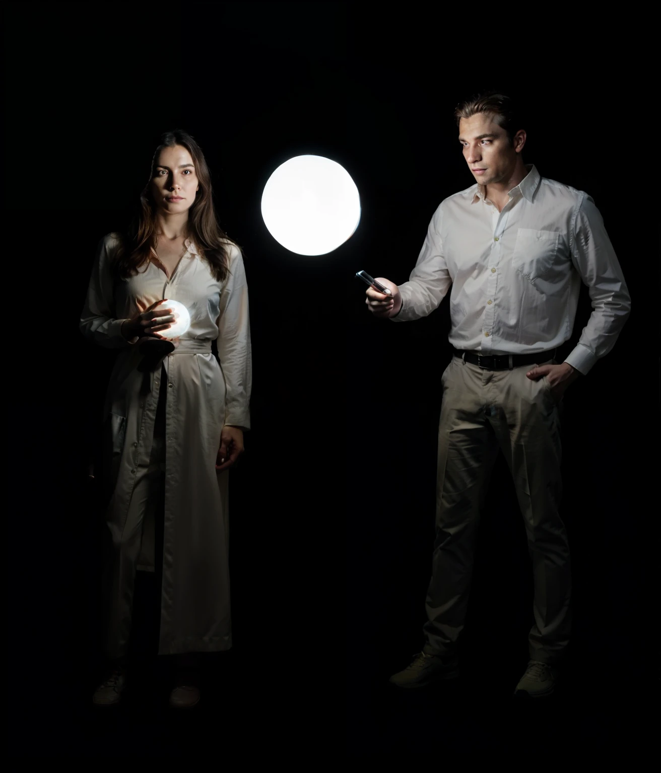 there is a man and woman standing next to each other, group of people in a dark room, dim flashlight lighting, holding a glowing orb, underexposed lighting, advertising photo, photo portrait, people at night, medium portrait top light, portrait of two people, a woman holding an orb, enhanced, night, detailed high contrast lighting, the lighting is dark