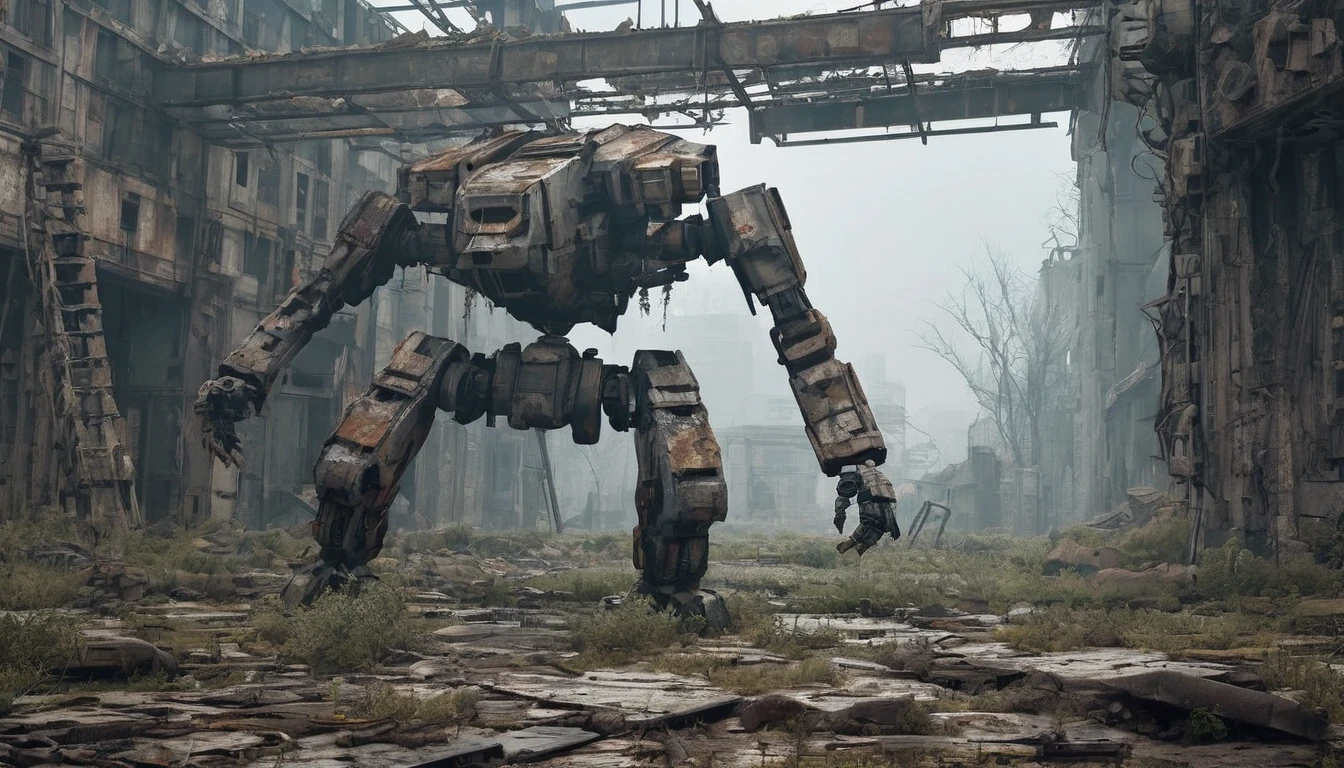An abandoned robot(:2.2), (best quality, 4k, 8k, high resolution, masterpiece: 1.2), ultra-detailed (realistic, photorealistic, photorealistic: 1.37) with rusty metal textures, broken joints and faded paint. The robot remains standing. In an overgrown and decaying city, surrounded by ruined buildings and tangled vines. Sunlight filters through the hazy atmosphere, casting a soft, diffuse light on the scene. The colors are muted and desaturated, with a post-apocalyptic color tone. The covered ground and cracked pavement add to the desolate atmosphere. There are remnants of a once-thriving civilization, such as crumbling billboards and abandoned vehicles. The abandoned robot appears worn and aged, its exposed wires and gears indicating its abandonment. "The scene evokes a sense of mystery and nostalgia, as if a once-great machine has been left broken in a forgotten world."
