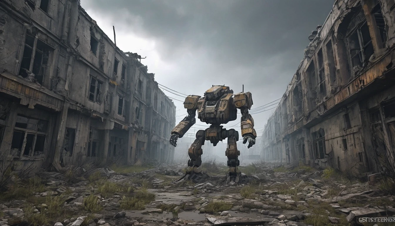 (best quality, ultra detailed, realistic, abandoned Mech, post-apocalyptic:2.2), ruins, overgrown, damaged, desert, heavy machinery, scattered debris, moody lighting, dystopian, futuristic technology, cyberpunk atmosphere, abandoned cityscape, worn metal, mechanical Joints,hydraulic systems,cracked concrete,epic battle scars,mysterious silhouette,sinister presence,eerily beautiful,desolation,loneliness,eerie silence,lost civilization,vivid colors,broken windows,ruined buildings,cloudy sky,remains twisted, decaying metal, rusted surfaces, unforgiving environment, faded paint, remains of a once-thriving civilization.