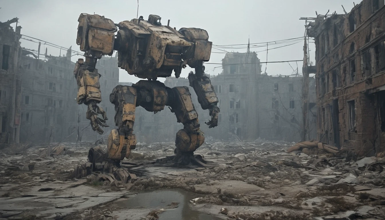 (best quality, ultra detailed, realistic, abandoned Mech, post-apocalyptic:2.2), ruins, overgrown, damaged, desert, heavy machinery, scattered debris, moody lighting, dystopian, futuristic technology, cyberpunk atmosphere, abandoned cityscape, worn metal, mechanical Joints,hydraulic systems,cracked concrete,epic battle scars,mysterious silhouette,sinister presence,eerily beautiful,desolation,loneliness,eerie silence,lost civilization,vivid colors,broken windows,ruined buildings,cloudy sky,remains twisted, decaying metal, rusted surfaces, unforgiving environment, faded paint, remains of a once-thriving civilization.