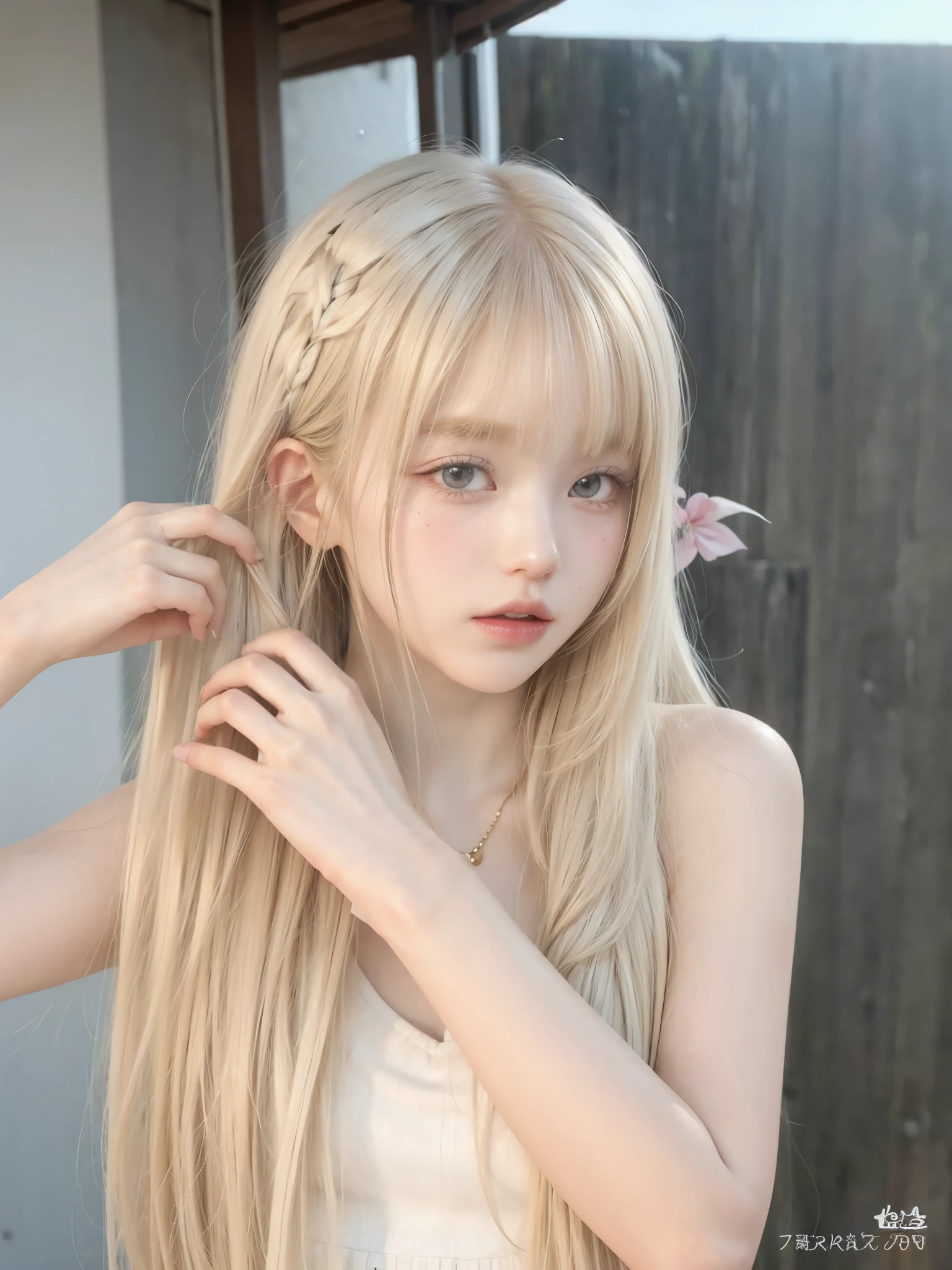 chica de pelo rubio con pelo largo peinando su pelo rubio largo, peinado de corte hime blanco, pelo largo y blanco y flequillo, con el pelo largo y blanco, con pelo largo y blanco, blonde chica anime con pelo largo, pelo largo y liso blanco, chica anime en la vida real, chica anime con pelo largo, pale milky white porcelain skin, chica anime joven realista, pelo lacio blanco