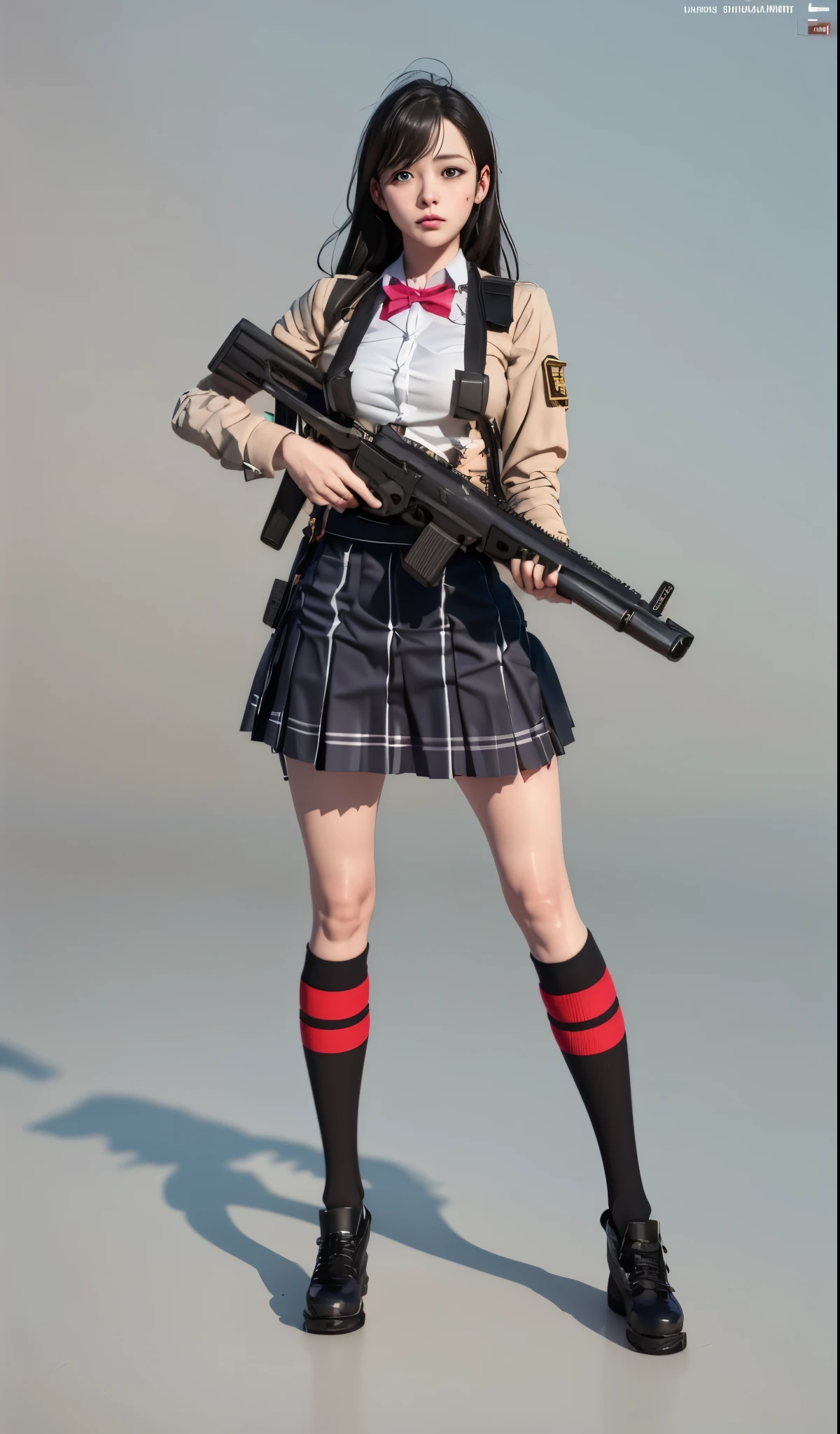 Anime girl with gun and skirt, a surreal schoolgirl, realistic schoolgirl, surreal , m4 sopmod ii girls frontline, April rendering, render of a cute 3d anime girl, Realistic anime girl rendering, In-game graphics, Haruya Yayoi, Qingfu, Headquarters rendering, Bring rifle, 3d anime girl