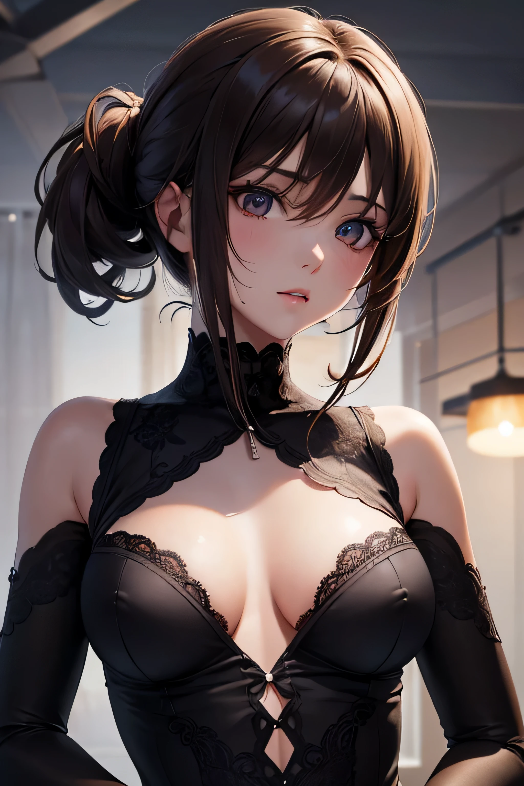 Skeswbruck person, Skeswbruck, NSFW, (masterpiece:1.2), (best quality:1.2), perfect eyes, perfect face, (night),Upper body, close up, 1 girl, alone, brown eyes, (medium breasts), perky breasts, Complex underwear,