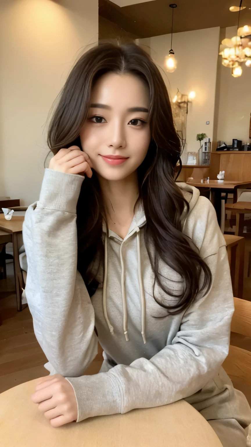 ((top-quality、8k、masterpiece:1.3))、Beautiful woman with perfect body:1.4、slim abdomen:1.2、Longhair, normal breast, Highly detailed facial and skin texture, A detailed eye, delicate eyes, double eyelid, (smile), (full body shot), ((restaurant 1.2)), (sitting on chair), ((wearing hoodie)), looking in front, (food on table)
