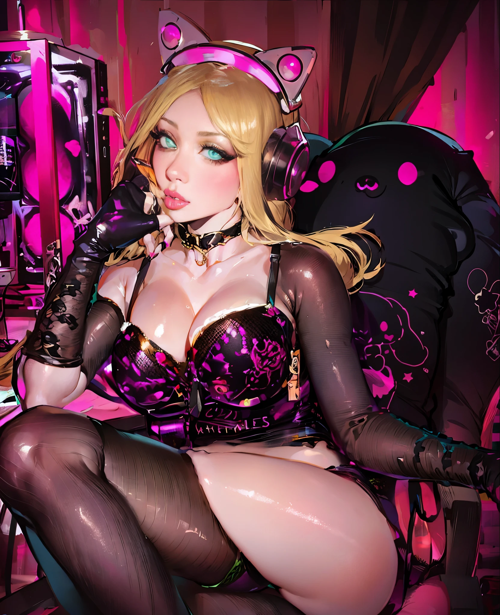 Sandy blonde hair, black tips, glasses, green eyes, l big , thick thighs, hours glasses, wavey hair, (((1girl))), black fishnets, pink leg warmers, juicy lips, eyeliner,holding water gun, hearts, sitting on gaming chair, skirt,