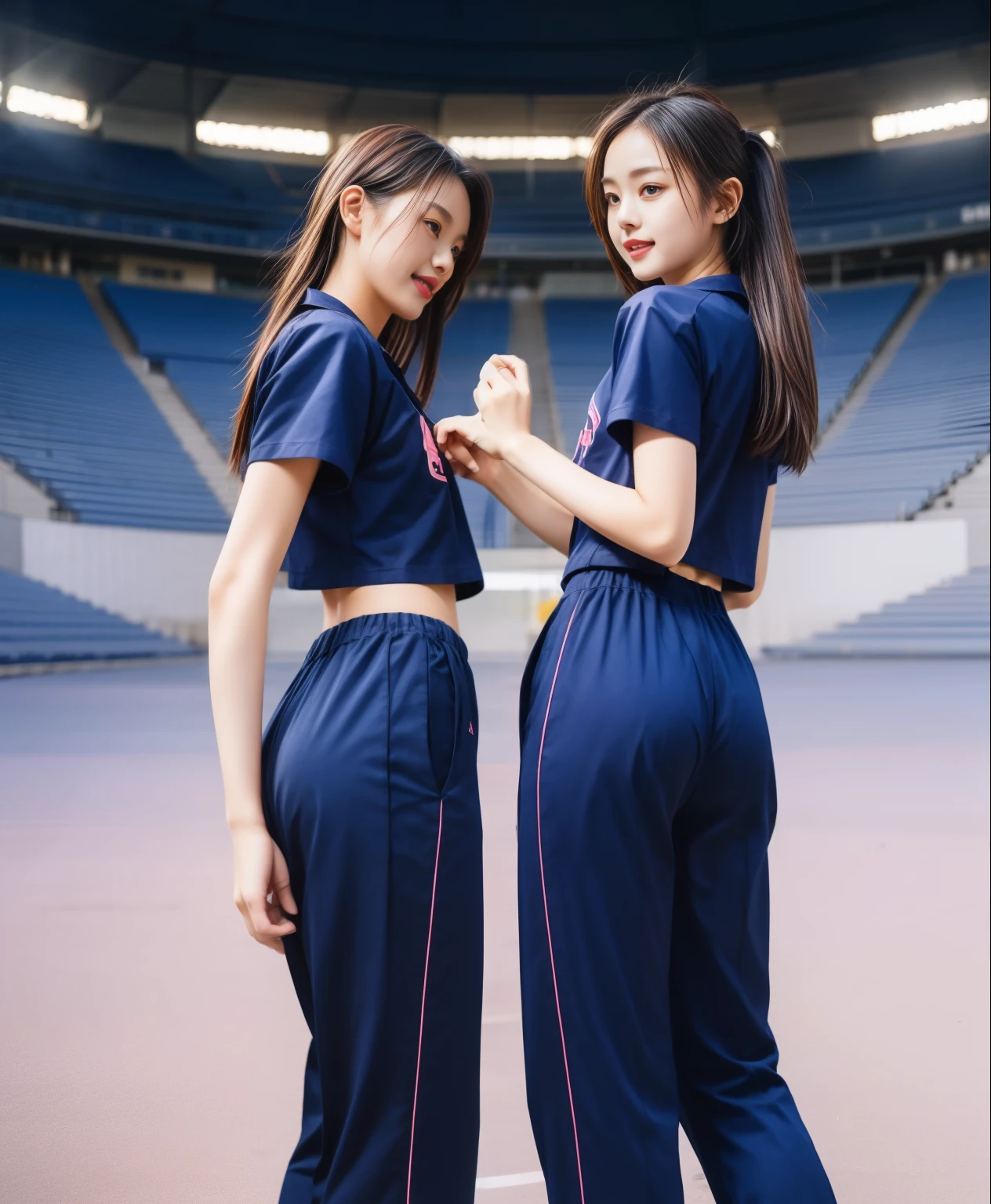 (best quality,10,10,height,Masterpiece:1.2),Special details,(realistic,ภาพrealistic,Realistic photos:1.37),1 cute girl on the football field,shiny, ผิวshiny,only,smile softly,BDclothelue shirt:1.3)),short sleeve,shirt, กางเกงขาlong.,(navy_long_track pants:1.1), ((stadium background:1.3)),Dynamic angle,excited,Face focus,dynamic poses,from behind,focus on ass,Masterpiece, best quality, ultra realistic, hyper-detail, 8K resolution, raw photos, Sharp focus, ((Navy blue shirt:1.1)), short sleeve, เส้นทางlong, perfect body, 2 mature women, 18 years old, Cinema-grade lighting system,blue sweatpants,shirtผ้าออกกำลังกาย,correct anatomy,perfect body, correct body, Sharp face, correct bodyทางกายวิภาค, full body, realistic gestures, long-haired, realistic poses,Wear long shorts................................,ช่วงขาlong,Good shape,carved girl, Slender figure, model, Good shape, beautiful body,blue sweatpants, two girls kissing