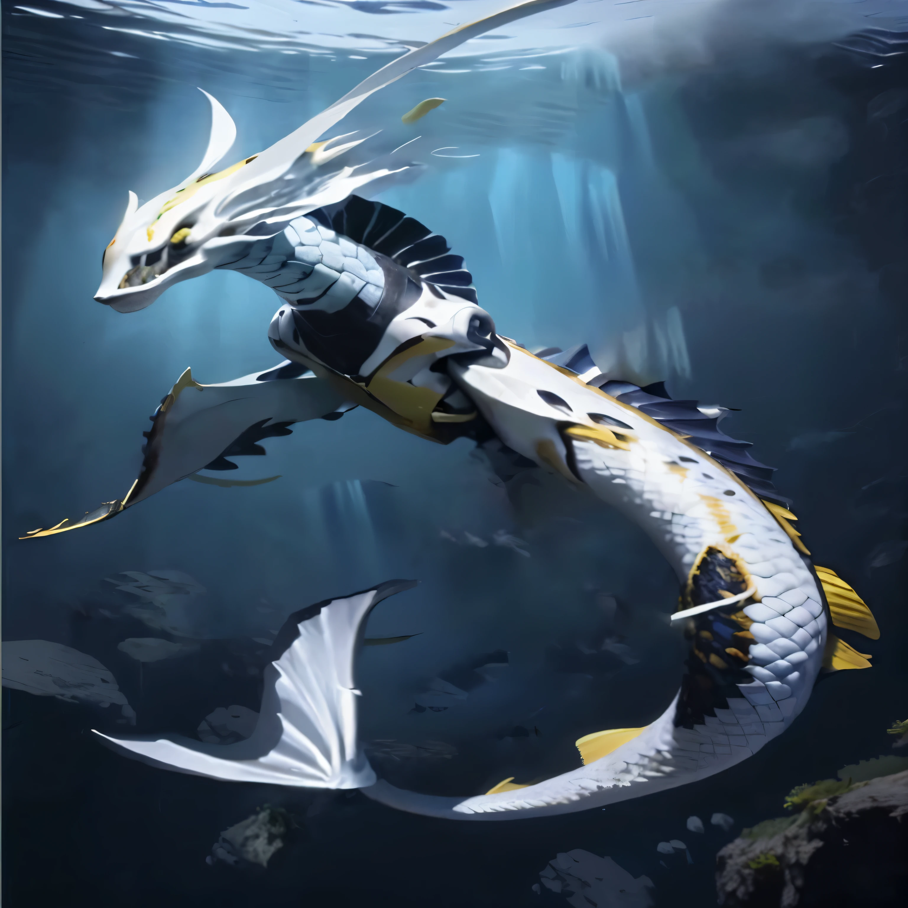 there is a white and yellow dragon with a black tail, sea dragon, sea serpent, underwater sea dragon, serpentine water monster, water dragon, feng zhu concept art, aquatic creature, underwater sea dragon full body, chinese dragon concept art, queen of the sea mu yanling, underwater leviathan, leviathan, jormungandr, a beautiful detailed orixa