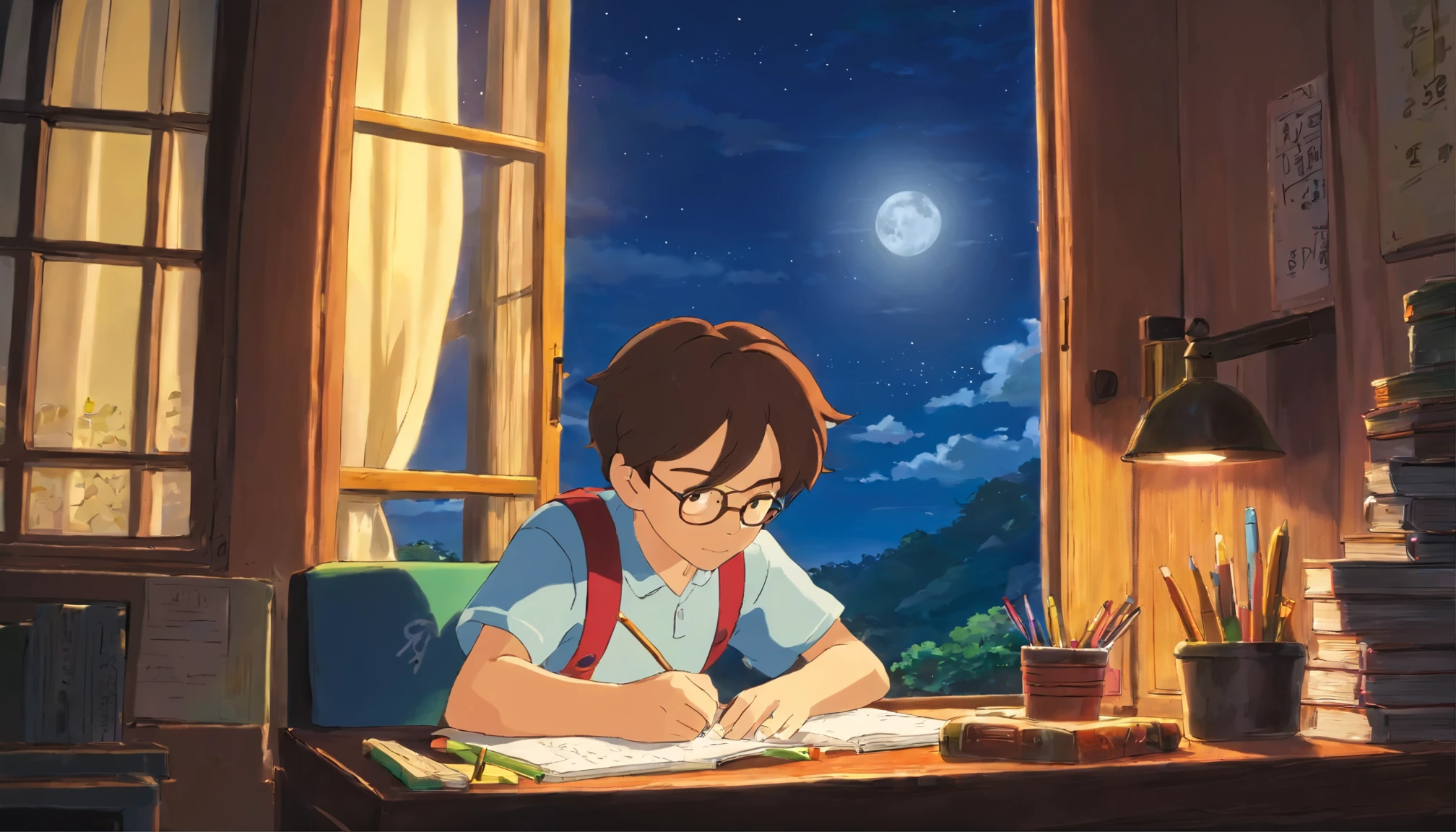 A middle school student writes his homework in front of the window at night，There was a moon outside the window，Mom is around