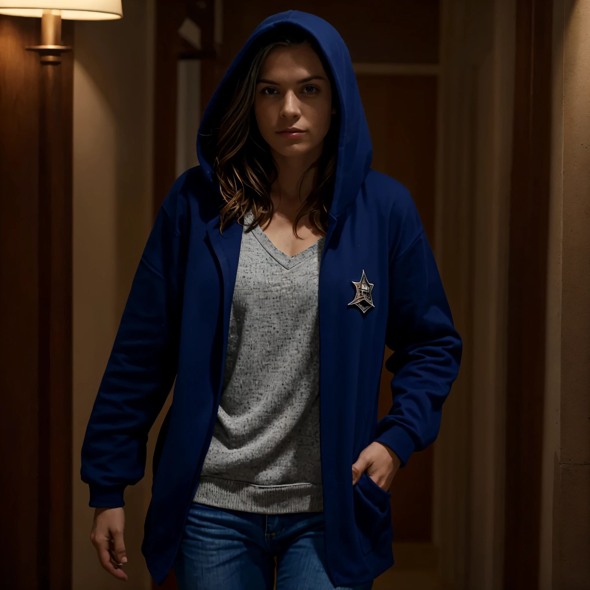 Hayler Lewis is a woman of average height with a lean, athletic build, a testament to her rigorous police training and nightly activities as a vigilante. Her strikingly sharp features, piercing blue eyes, and stern jawline reflect her determination and resilience. Her hair is dark, usually tied back in a practical bun, hinting at her no-nonsense attitude. She typically dresses in a professional manner for her day job as a police sergeant, favoring crisp uniforms and sensible shoes. However, when she transforms into her vigilante persona at night, she opts for dark, nondescript clothing that allows her to blend into the shadows, including a black hoodie, gloves, and sturdy boots. Her overall appearance is one of strength and intensity, with an underlying hint of the torment and darkness she conceals from the world.