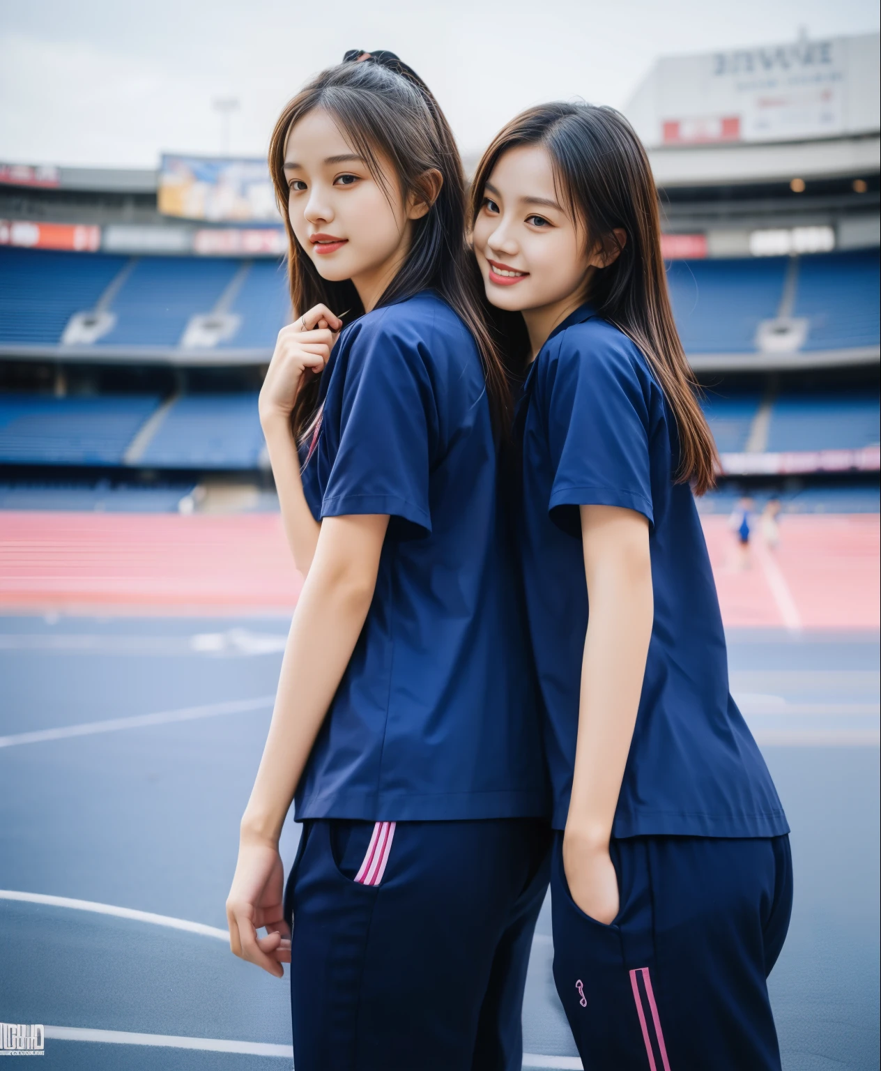 (best quality,10,10,height,Masterpiece:1.2),Special details,(realistic,ภาพrealistic,Realistic photos:1.37),1 cute girl on the football field,shiny, ผิวshiny,only,smile softly,BDclothelue shirt:1.3)),short sleeve,shirt, กางเกงขาlong.,(navy_long_track pants:1.1), ((stadium background:1.3)),Dynamic angle,excited,Face focus,dynamic poses,from behind,focus on ass,Masterpiece, best quality, ultra realistic, hyper-detail, 8K resolution, raw photos, Sharp focus, ((Navy blue shirt:1.1)), short sleeve, เส้นทางlong, perfect body, 2 mature women, 18 years old, Cinema-grade lighting system,blue sweatpants,shirtผ้าออกกำลังกาย,correct anatomy,perfect body, correct body, Sharp face, correct bodyทางกายวิภาค, full body, realistic gestures, long-haired, realistic poses,Wear long shorts................................,ช่วงขาlong,Good shape,carved girl, Slender figure, model, Good shape, beautiful body,blue sweatpants, two girls kissing