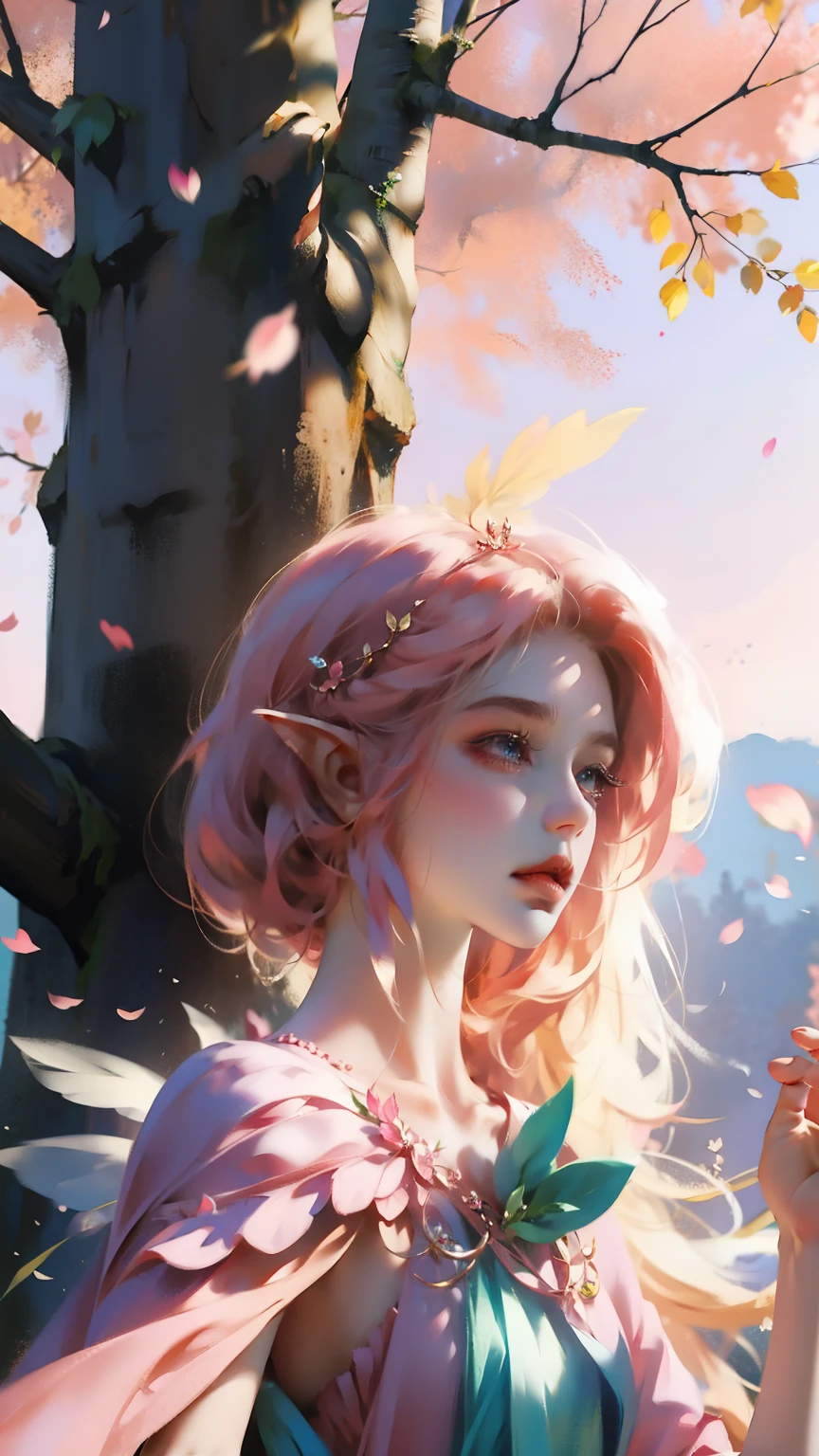 Wear pink and black clothes、Anime girl with wings and pink background, Elf character, Fairy, forest Fairy, Flower Fairy, brunette elf with Fairy wings, Elf, Cute 3D anime girl rendering, April rendering, Fairy dance, Dynamic sense