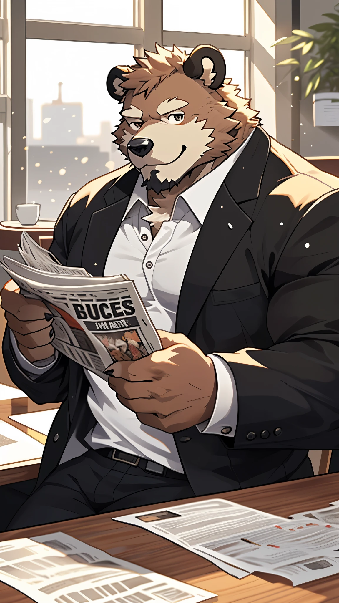 depth of field, perfect lighting, light particles,(best quality),(masterpiece),(ultra detailed),sharp focus,light particles, niji, eyesgod, black eye, looking_at_viewer, smile, solo, furry, animal_bear_ear, light-yellow fur, brown fur, white beard, muscle, black jacket, white t-shirt, holding cup of coffee, holding and read a newspaper, upper body, sunlight, table, in the coffee shop, window, street,office,boss,Chubby
