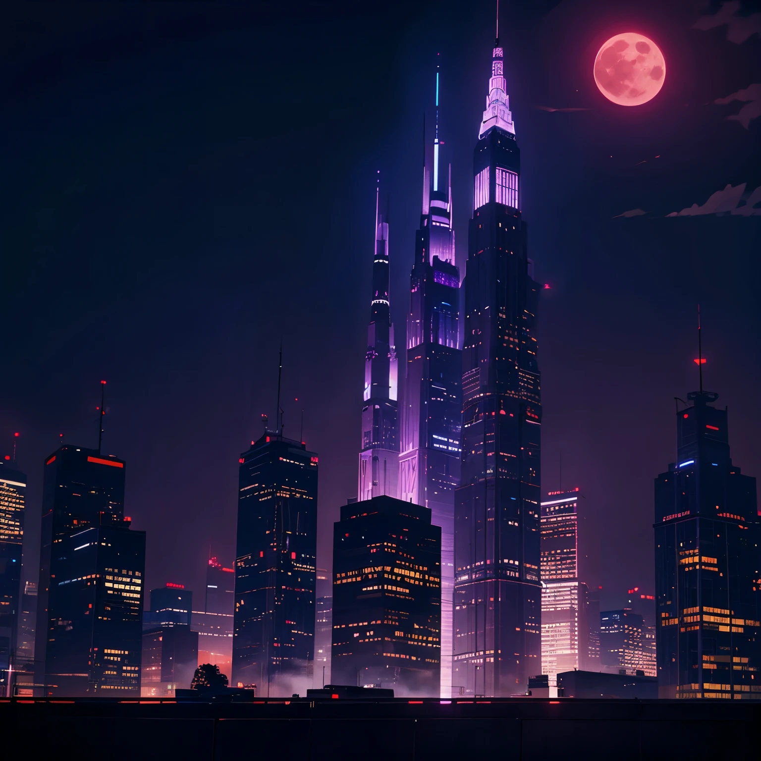 A dark cityscape with a bright purple moon