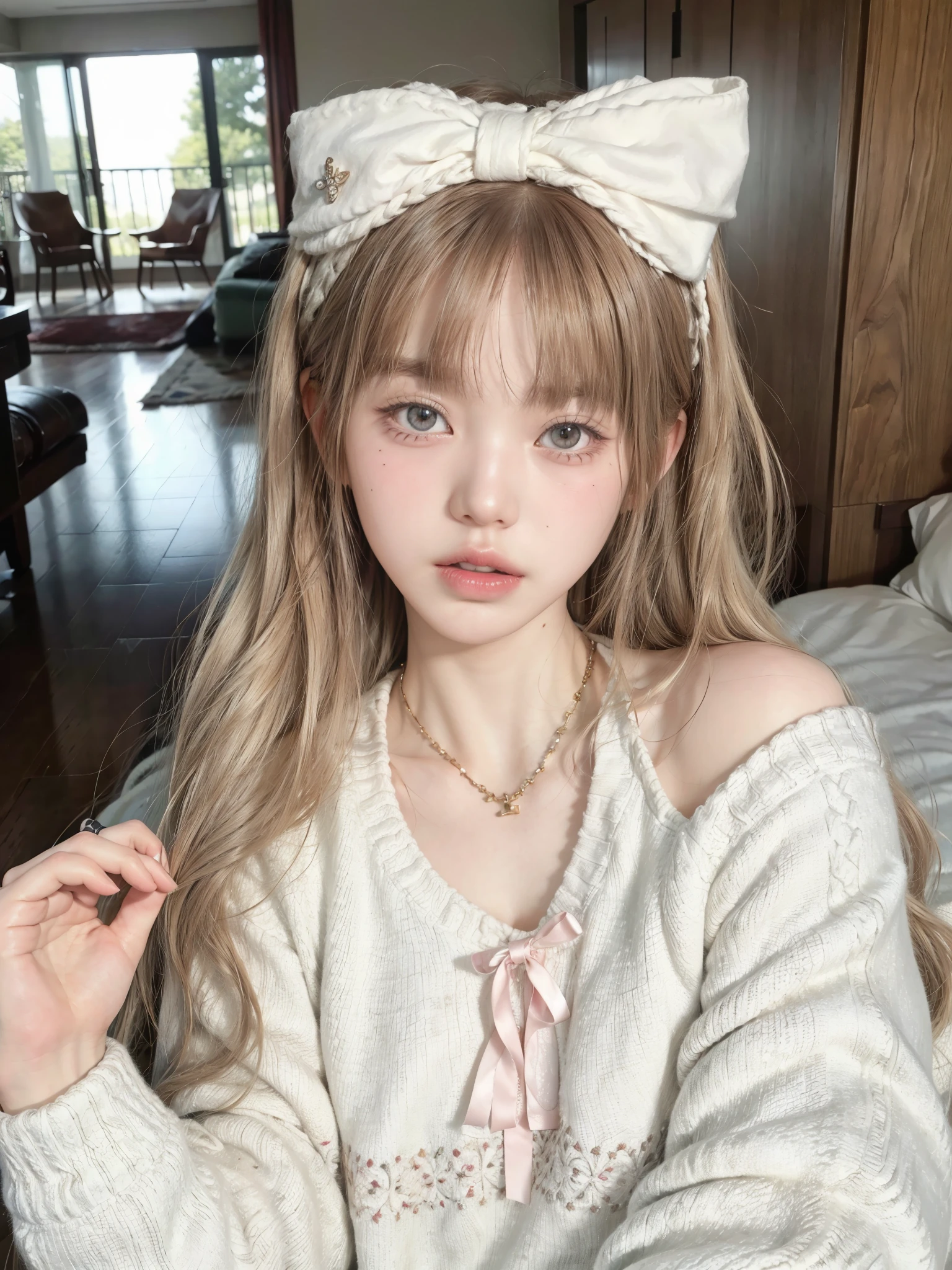 hay una mujer con un lazo en la cabeza posando para una foto, Lalisa Manobal, ulzzang, Lalisa Manoban de Blackpink, maquillaje popular de corea del sur, jinyoung shin, muchacha coreana, pelo largo y rubio y ojos grandes, pale skin curly blonde hair, maquillaje coreano popular, pale korean adorable face, pelo largo y blanco y flequillo