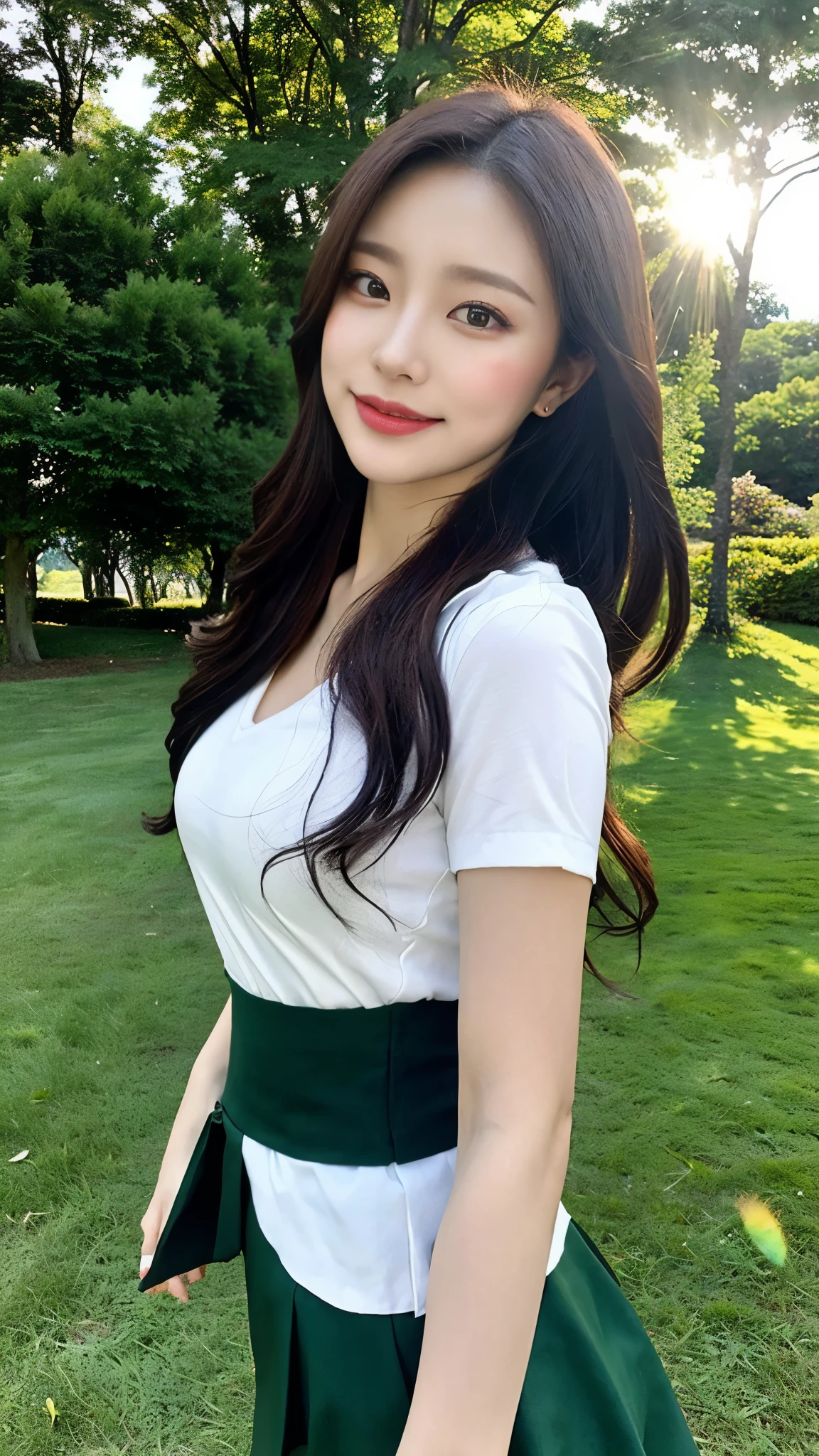masterpiece, best quality，8 thousand, ultra high resolution，Real light and shadow，Cinema Lens，(beautiful eyes:1.1)， ((The middle shot scene is，upper part of the body))，dynamic pose，on a green meadow，The gentle goddess approached with gentle steps.。he wore a dress，A soft wind blows，The skirt dances lightly。The sun shone through the leaves in her hair.，Her clear eyes and gentle smile are reflected。Colorful butterflies flutter around her，Flowers bloomed at her feet，It seemed like nature was supporting her.。
