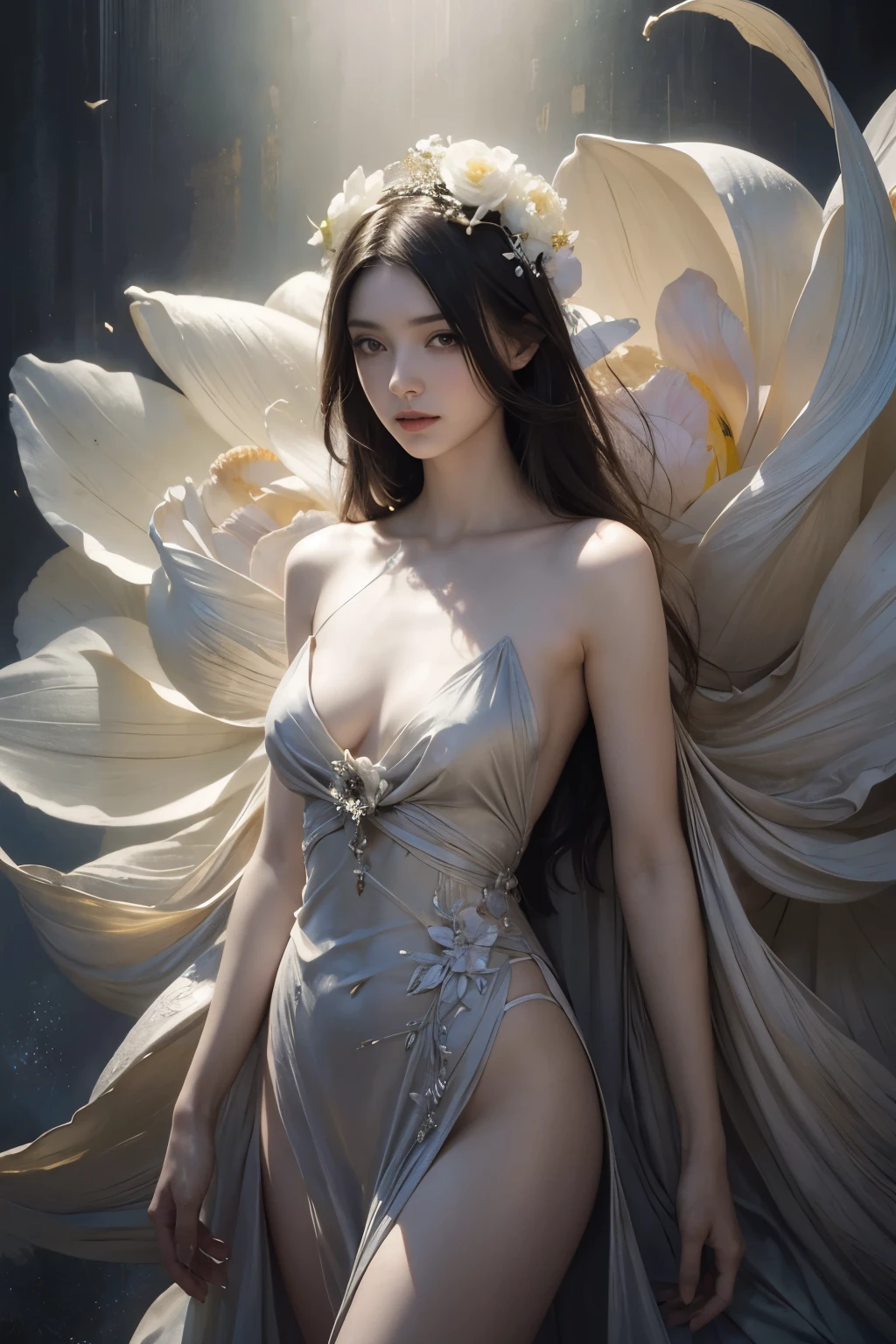 Hyperdetailed painting by Januz Miralles, by Jay DeFeo, by Lynd Ward, beautiful exhuberant epic woman, she wearing a shinny dress with 囫white flower Represents the symbolic meaning of death, with very big attributes muse inspiring, whimsical surreal masterpiece, intricate detail, high contrast, 8k
