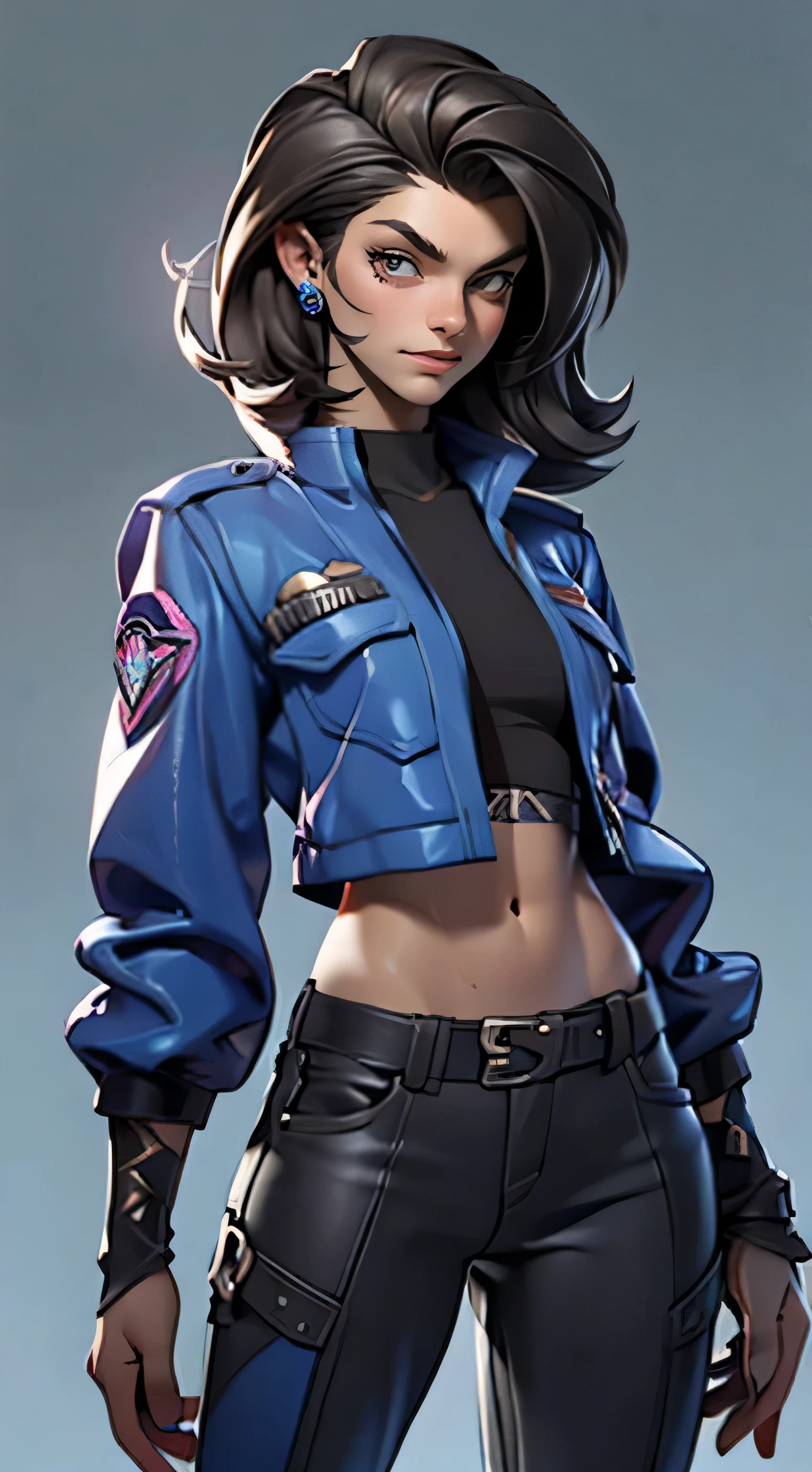 11:23(((best quality: 1.4))),(An unparalleled masterpiece), (ultra high definition),(Hyper-realistic 8K CG)、(one hand action),(black hair) ((( Body))), (((1 girl in))), 25-year-old American soldier with perfect Body,,Beautiful and well-groomed face,muscular Body:1.2,Solid royal blue jacket with details, (Pictures from head to thighs), Complex equipment, purple,Pants,The clothes inside are dark,Clothes with armored metal electronic parts, poison tattoo )