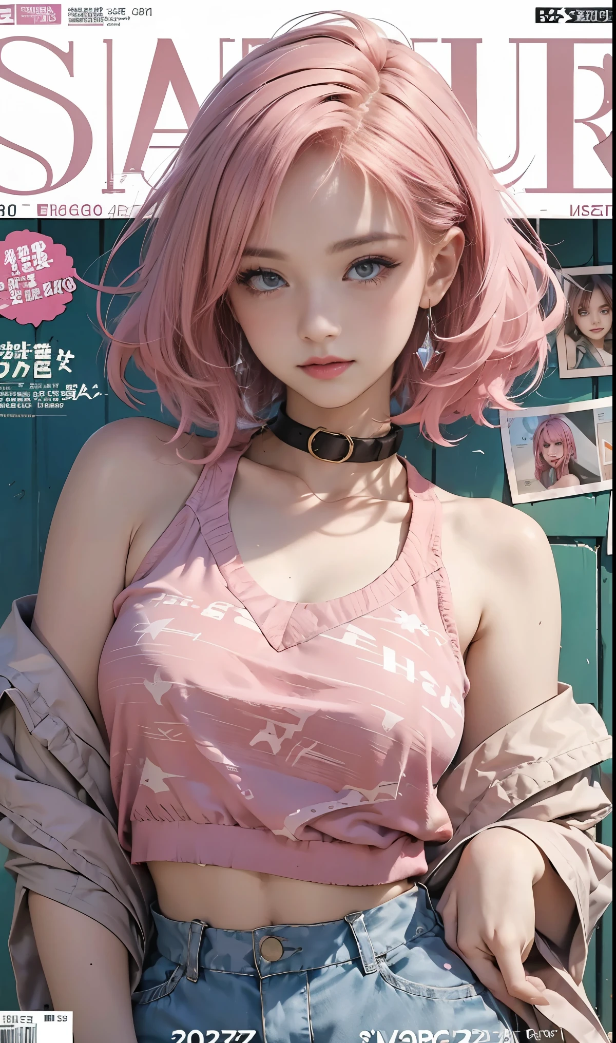 Best quality, Works of masters, A high resolution, 1girl, Super beautiful face, super beautiful eye, Super beautiful pink hair，(MagazineCover:1.2)，Trendy outfits，Expose shoulders