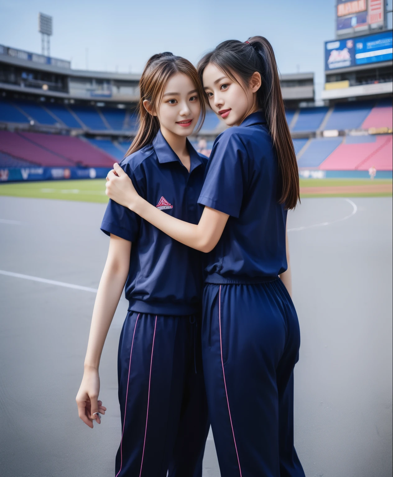 (best quality,10,10,height,Masterpiece:1.2),Special details,(realistic,ภาพrealistic,Realistic photos:1.37),1 cute girl on the football field,shiny, ผิวshiny,only,smile softly,BDclothelue shirt:1.3)),short sleeve,shirt, กางเกงขาlong.,(navy_long_track pants:1.1), ((stadium background:1.3)),Dynamic angle,excited,Face focus,dynamic poses,from behind,focus on ass,Masterpiece, best quality, ultra realistic, hyper-detail, 8K resolution, raw photos, Sharp focus, ((Navy blue shirt:1.1)), short sleeve, เส้นทางlong, perfect body, 2 mature women, 18 years old, Cinema-grade lighting system,blue sweatpants,shirtผ้าออกกำลังกาย,correct anatomy,perfect body, correct body, Sharp face, correct bodyทางกายวิภาค, full body, realistic gestures, long-haired, realistic poses,Wear long shorts................................,ช่วงขาlong,Good shape,carved girl, Slender figure, model, Good shape, beautiful body,blue sweatpants, two girls kissing